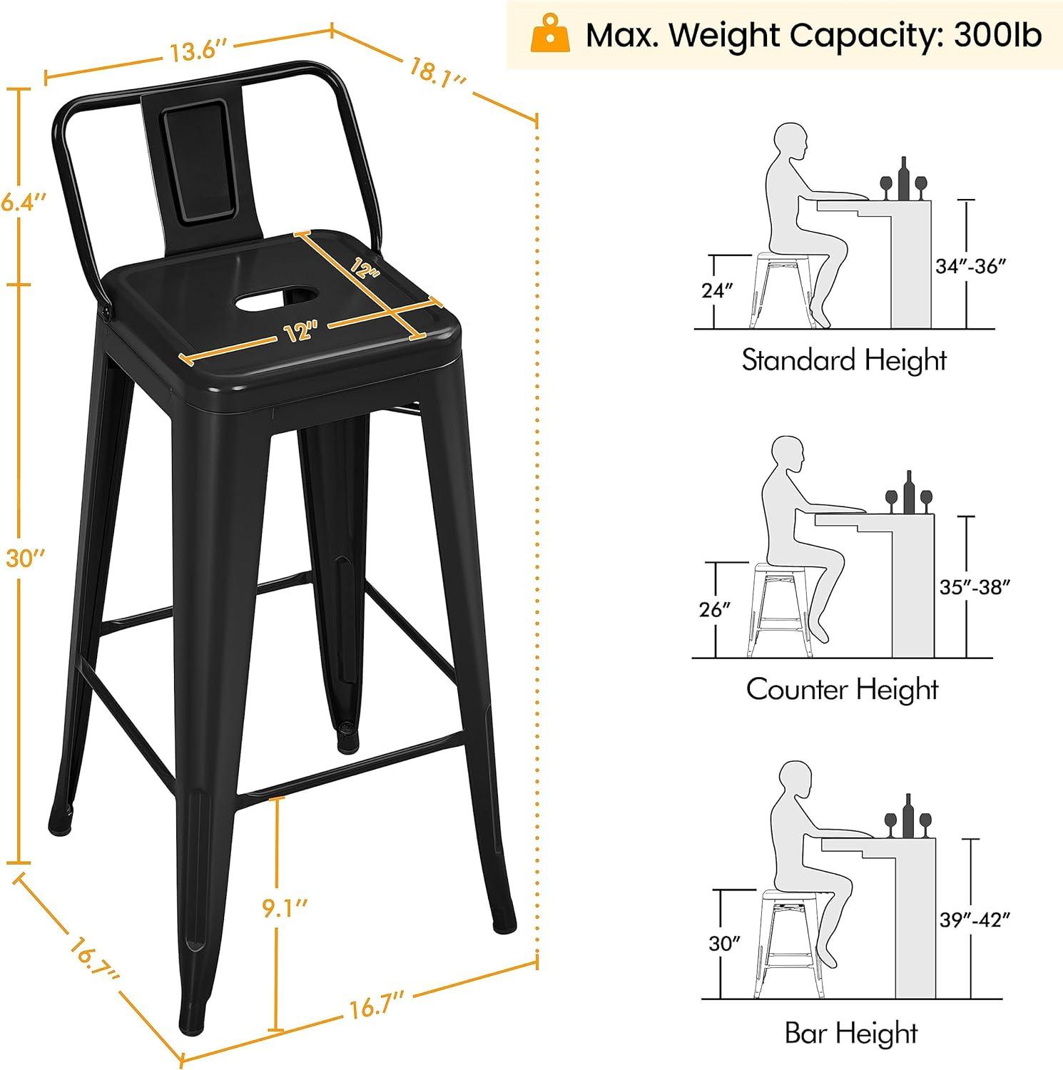 Killeryuki 30" Metal Bar Stools Set of 4, Industrial Cafe Side Chairs with Removable Back and Rubber Feet, Stackable Counter Stool for Bistro, Cafe, Kitchen, Living Room, Black