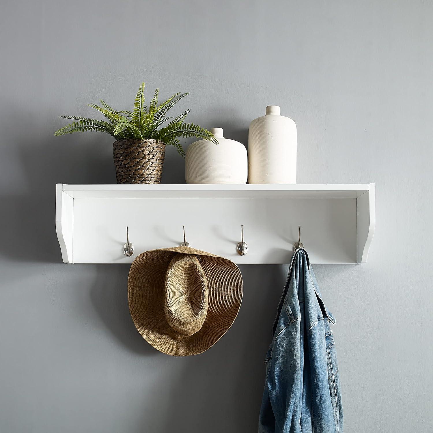 White Wood Wall-Mounted Entryway Shelf with Hooks