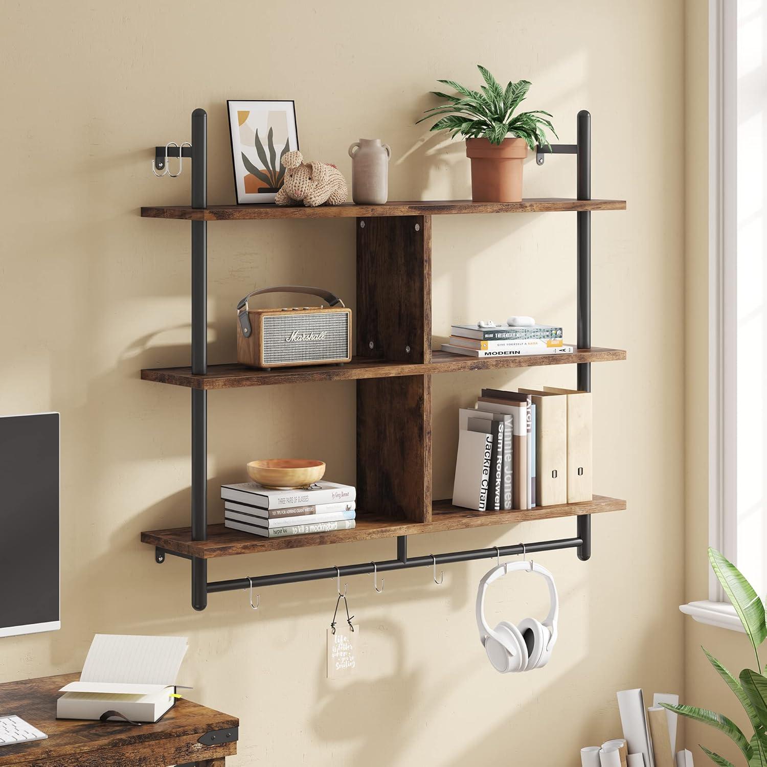 Bestier 41" Industrial Pipe Shelves Wall Mount, 3-Tier Floating Shelves for Kitchen Bedroom Bathroom in Rustic