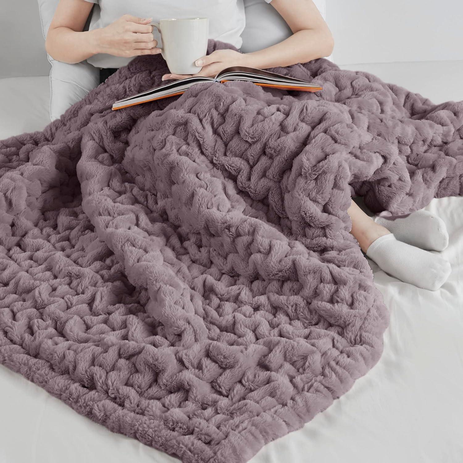 Madison Park Lavender Ruched Fur Throw 50x60"