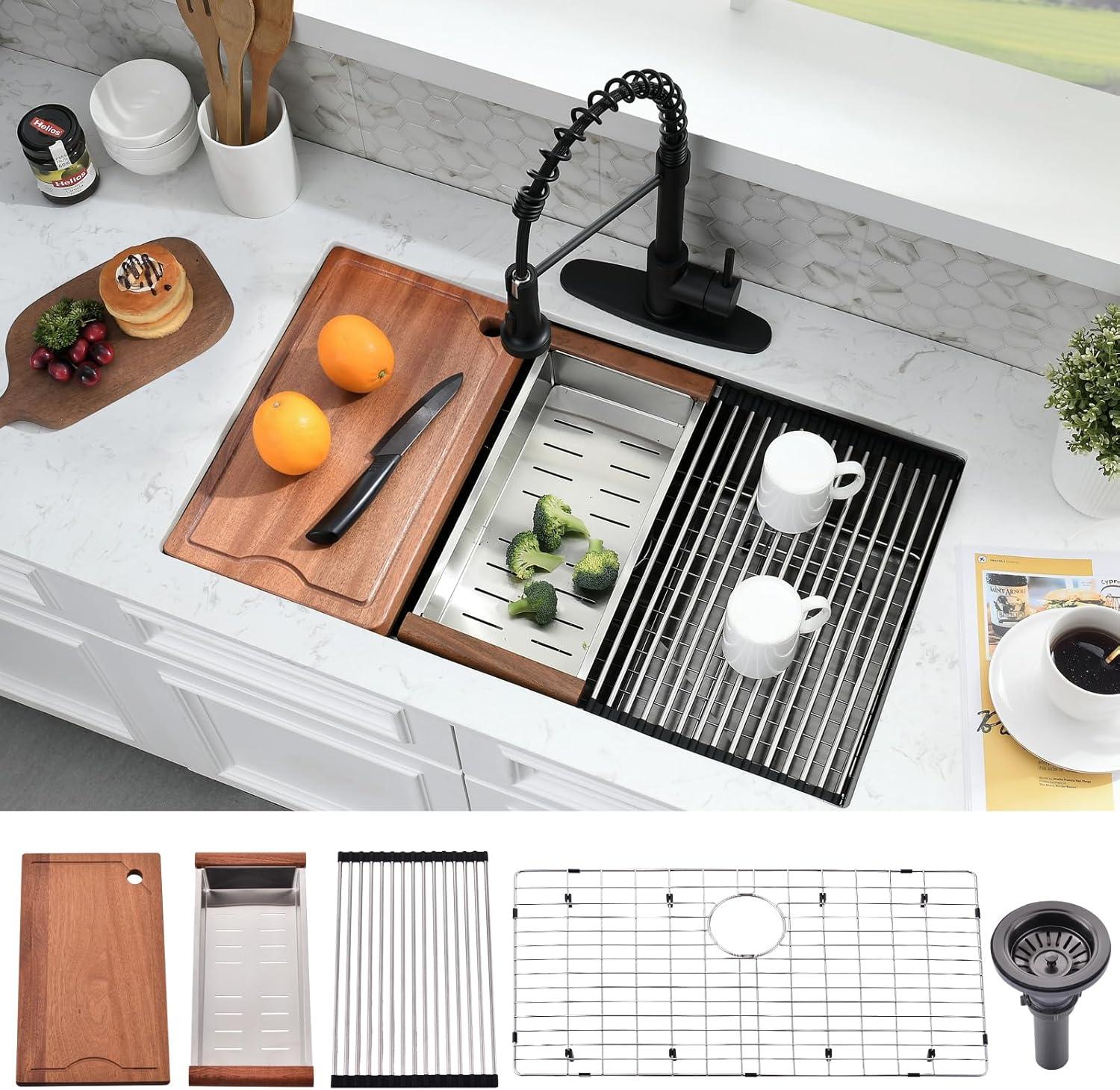 28 Inch Undermount Kitchen Sink Black - 16 Gauge Black Satainless Steel Kitchen Sink Undermount 28x18,10 Inch Deep Single Bowl Workstation Sinks with Accessories