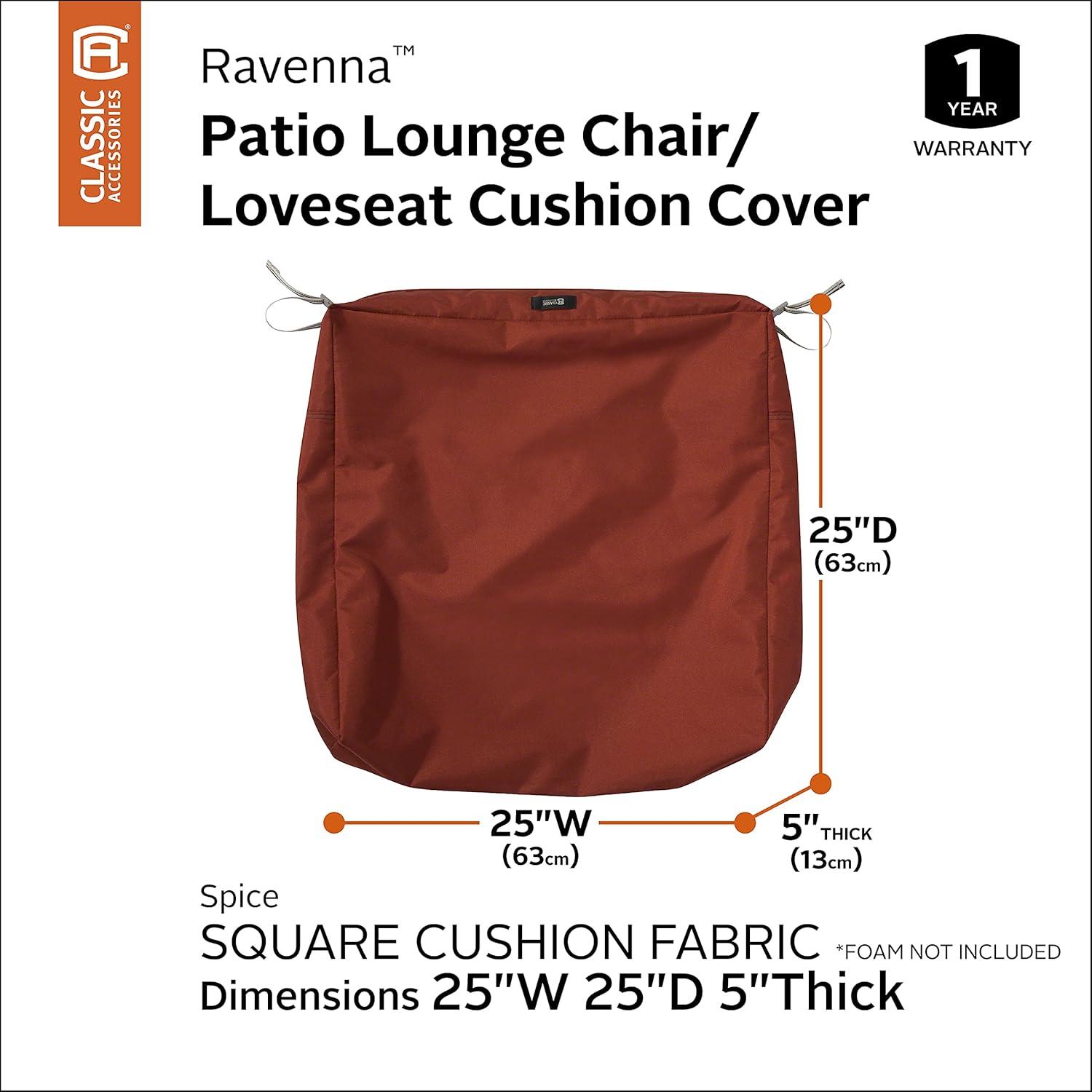 Classic Accessories Ravenna® Square Patio Seat Cushion Slip Cover - Durable Outdoor Cushion, Spice, 25"L x 25"W x 5"Thick