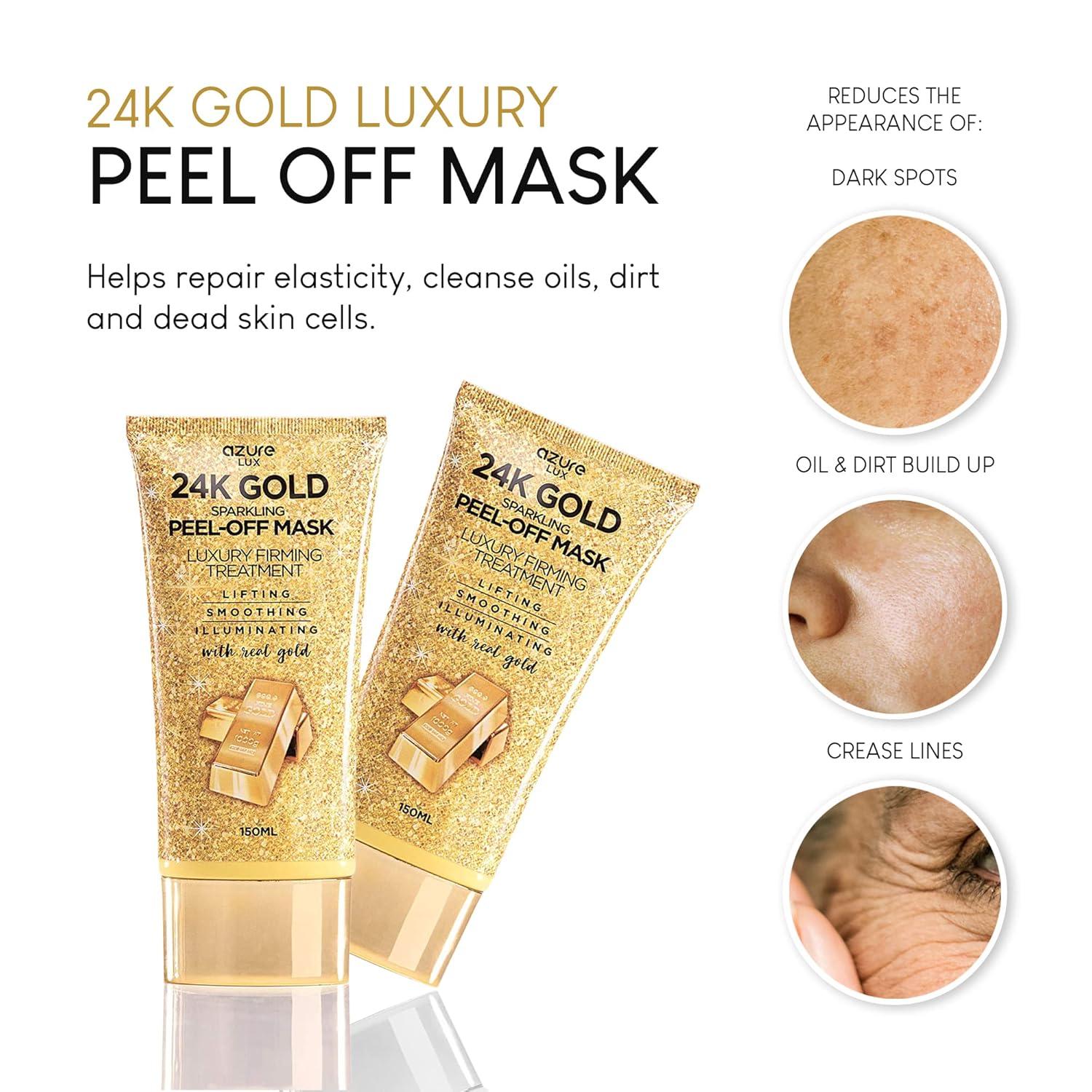 AZURE 24K Gold Firming Peel Off Face Mask- Anti Aging, Lifting, Illuminating & Revitalizing - Removes Blackheads, Dirt & Oils - With Hyaluronic Acid and Collagen - Skin Care Made in Korea - 150mL / 5.