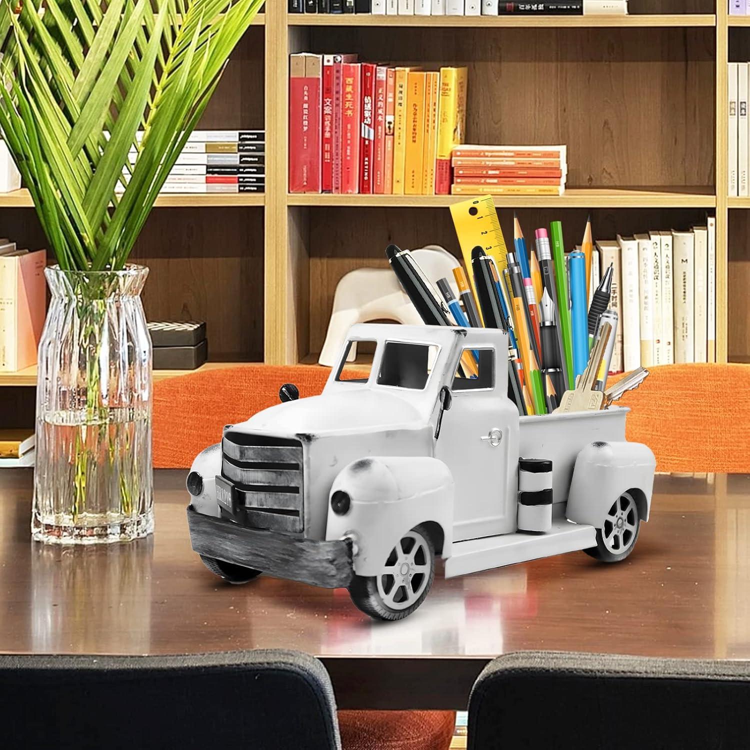 Sunflower Metal Truck with Artificial Flower Vintage Farm Pickup Farmhouse Tabletop Tiered Tray Decor, Rustic Farmhouse Decor for Table Top Decor Home Kitchen(White)