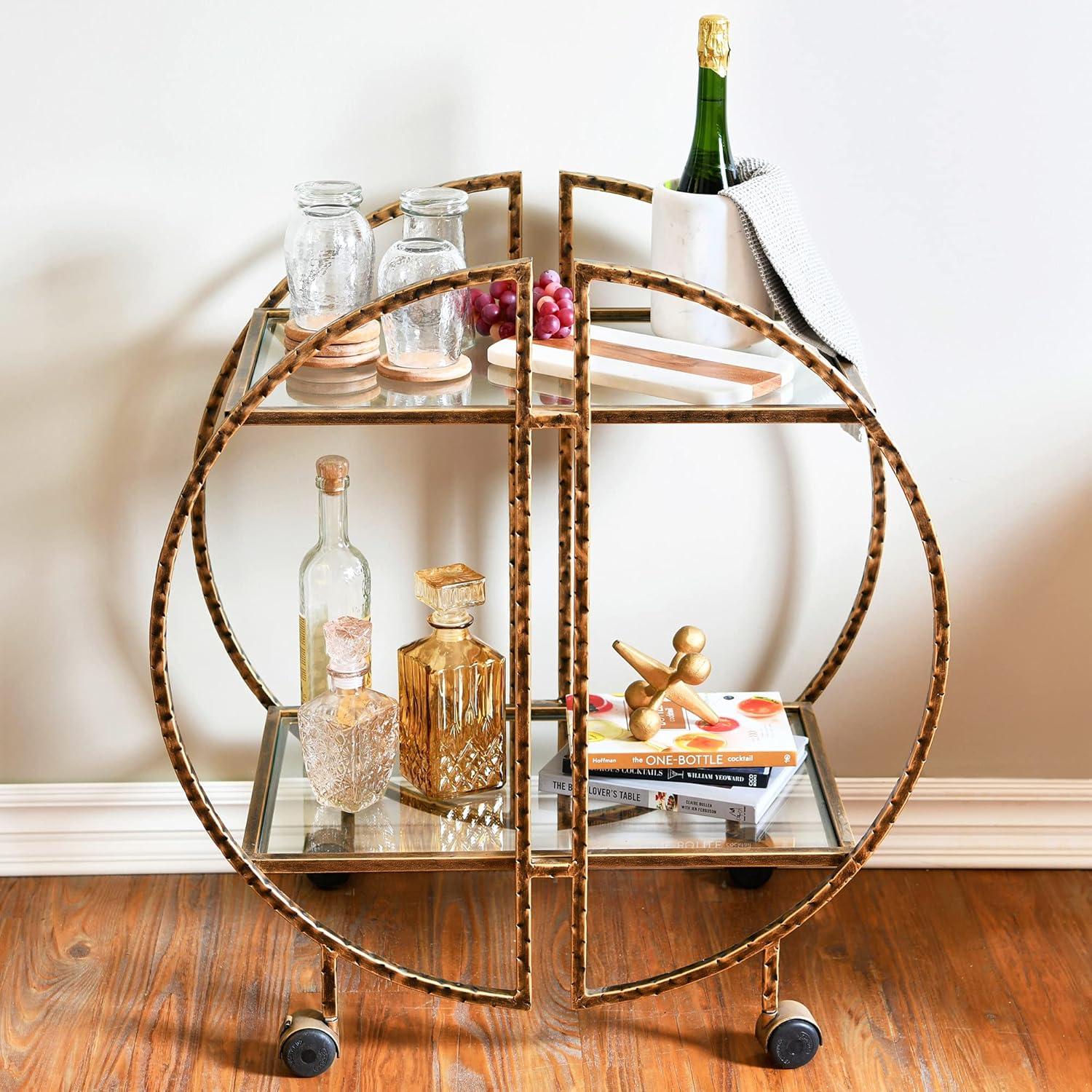 Ember Interiors Modern Round Hammered Brass Bar Cart with Wheels