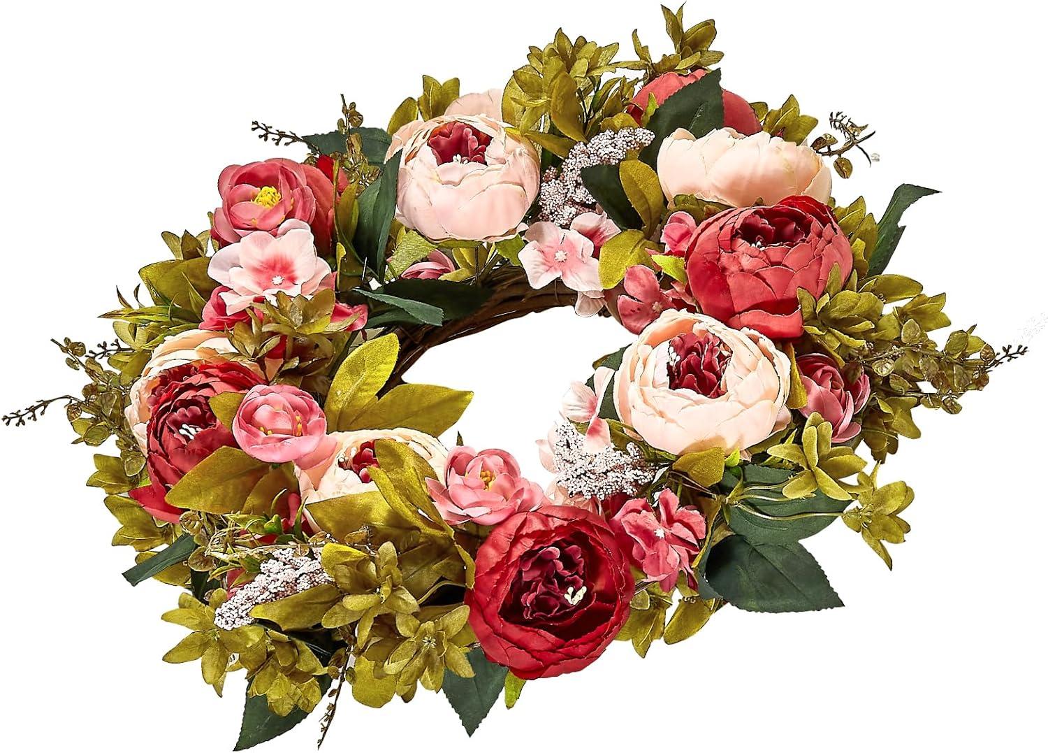 VEVOR Spring Wreath for Front Door 19 Inch - Artificial Peony Floral Wreath with Greenery, Year-Round All Season Outdoor Indoor Decor