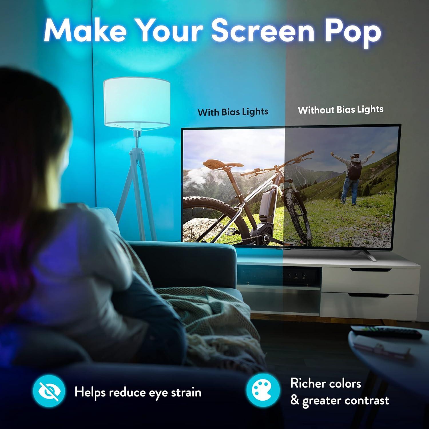 Power Practical LED Lights for TV in Living Room or Bedroom, Luminoodle Backlight, USB Powered Strips w/Remote for 15 Ambient Color Bias Lighting Options & 10 Brightness Modes, Size (60"-80" TV)