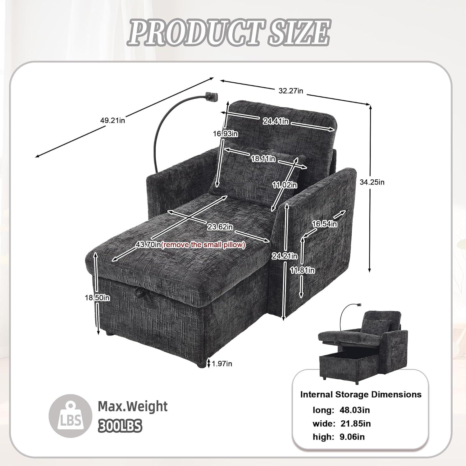 32 Inch Chaise Lounge Accent Chair with Storage, Comfy Chenille Upholstered Sleeper Chair Bed Modern Deep Seat Leisure Recliner Lounger Daybed w/Phone Holder and Side Pockets for Living Room Office