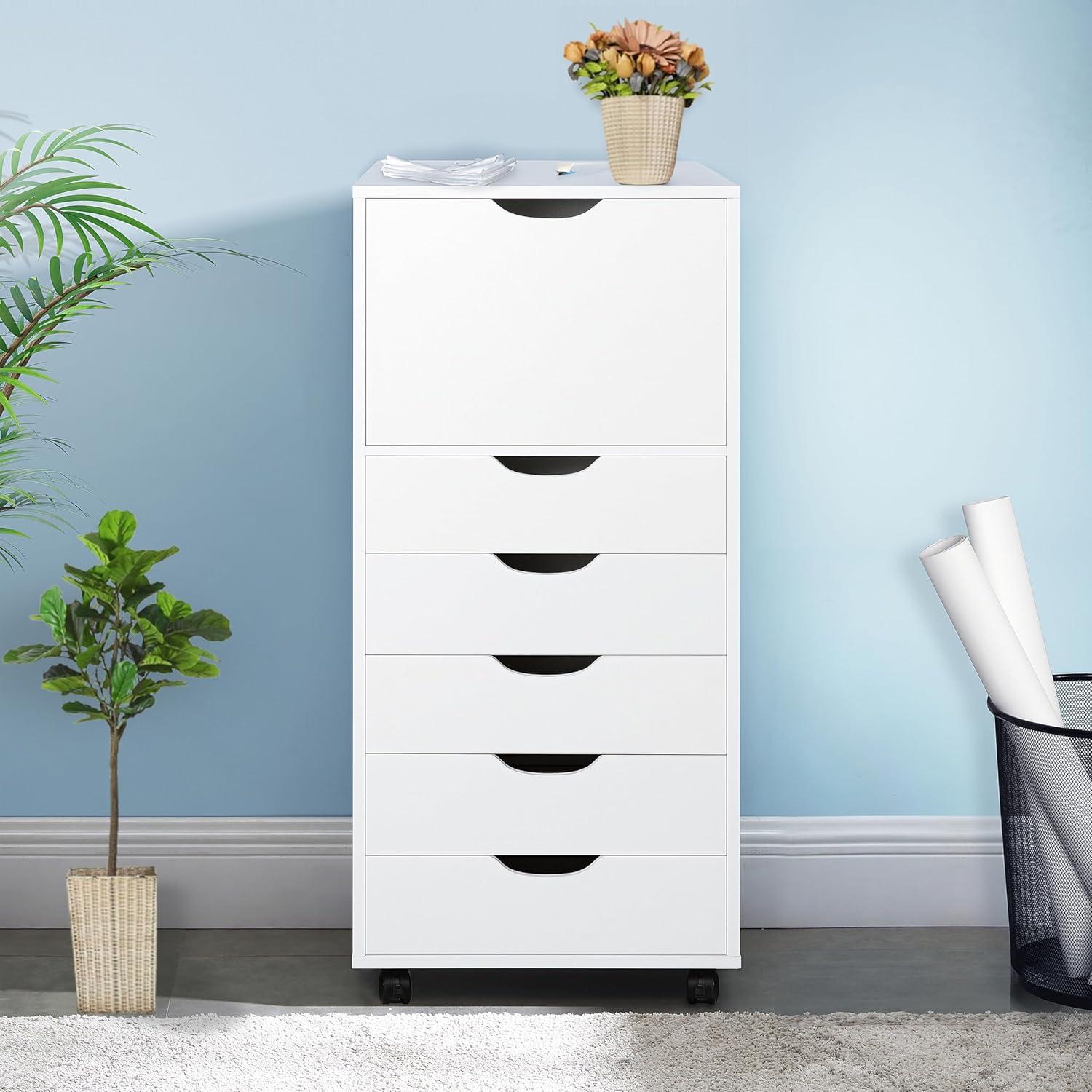 White 6-Drawer Mobile Lateral File Cabinet with Wheels