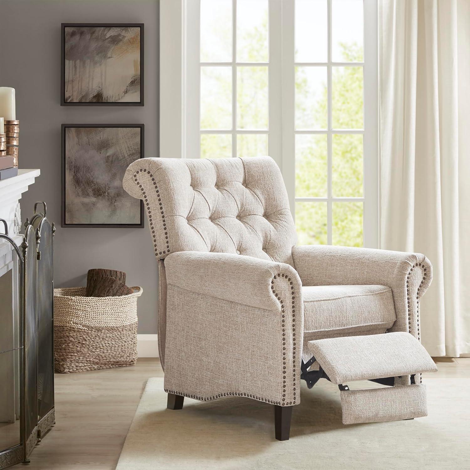 Elegant Cream Transitional Push Back Recliner with Tufted Back