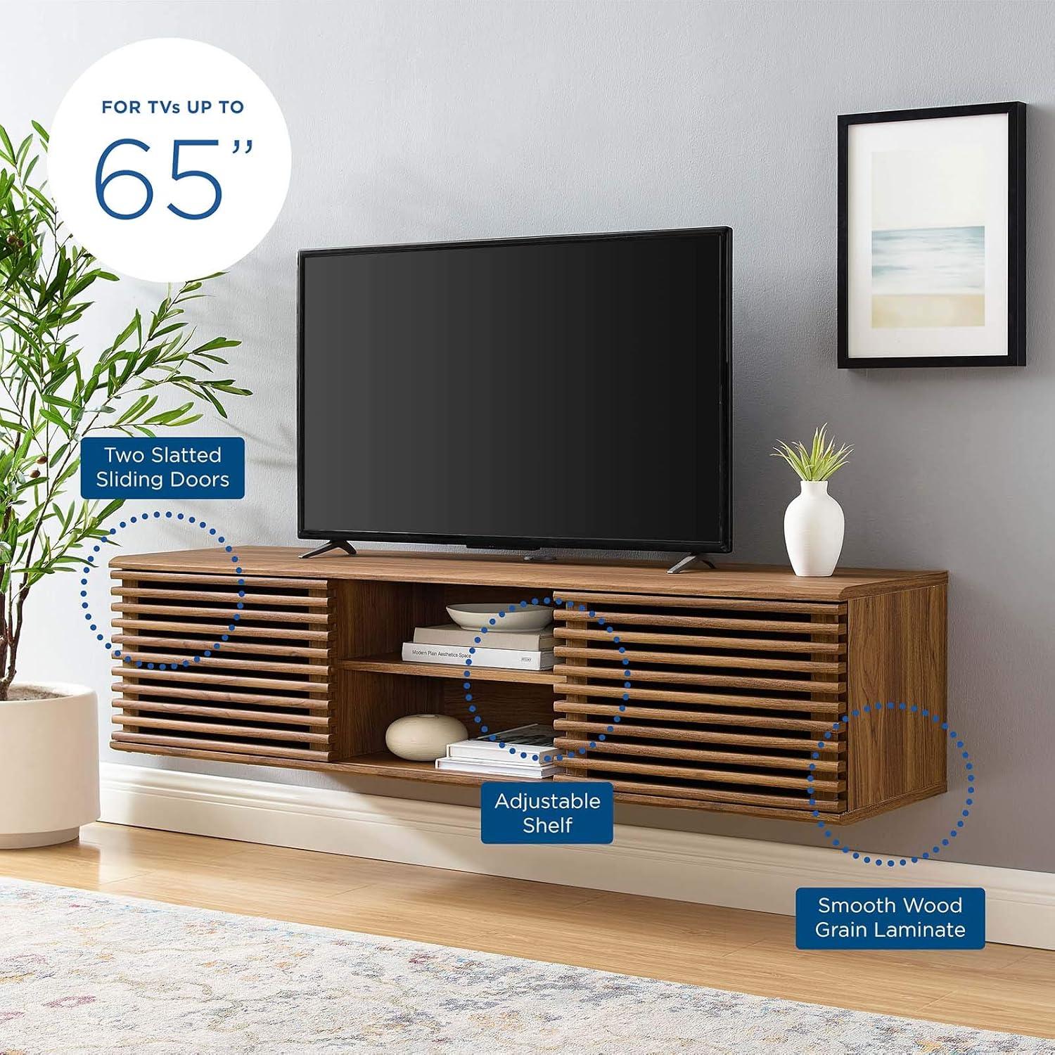 Modway Render Wood Wall-Mount Media Console TV Stand for TVs up to 65" in Walnut