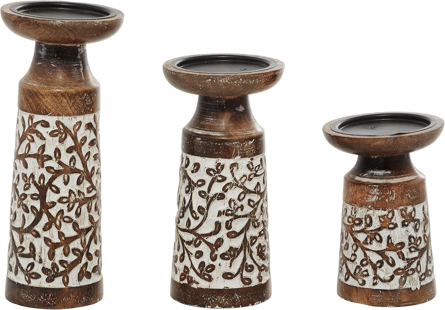 DecMode 3 Candle Brown Mango Wood Handmade Candle Holder, Set of 3