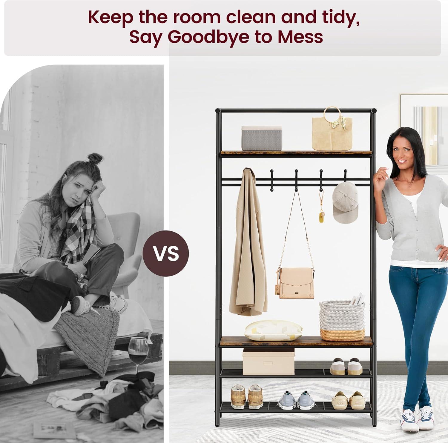 GAOMON Coat Rack Shoe Bench, 4-in-1 Hall Trees Entryway Bench with Coat Rack and Shoe Rack, Wood Look Accent Furniture with Steel Frame Storage Shelf and Hanging Bar, Industrial, Rustic Brown & Black