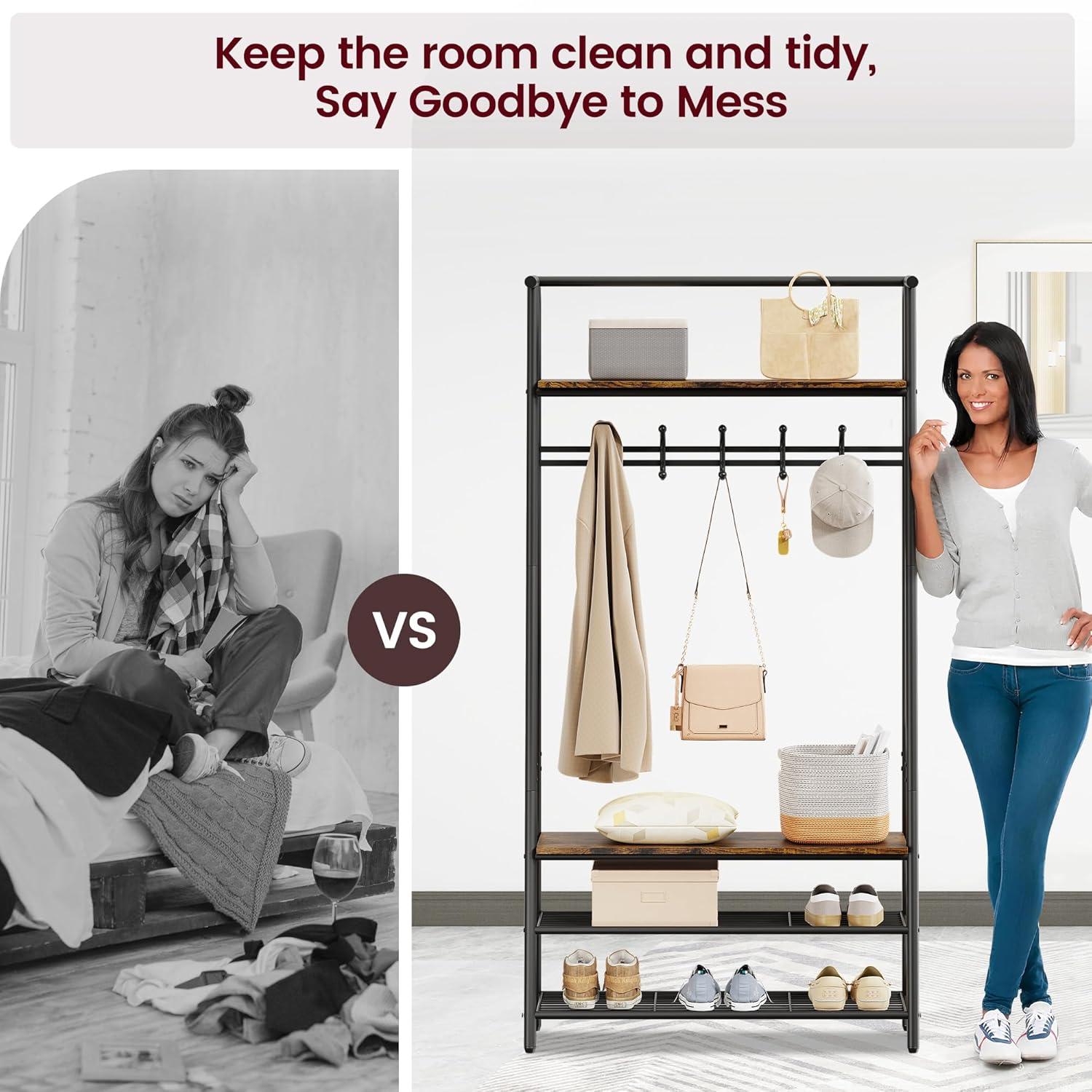 GAOMON Coat Rack Shoe Bench, 4-in-1 Hall Trees Entryway Bench with Coat Rack and Shoe Rack, Wood Look Accent Furniture with Steel Frame Storage Shelf and Hanging Bar, Industrial, Rustic Brown & Black