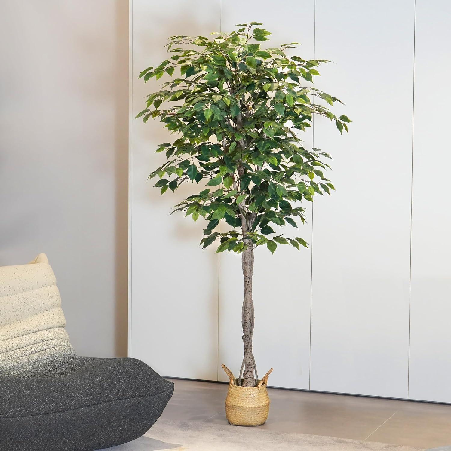 6FT Artificial Ficus Tree with Natural Wood Trunk and Lifelike Leaves, Silk Fake Potted Tree with Wood Branches, Faux Tree for Office Home Decor