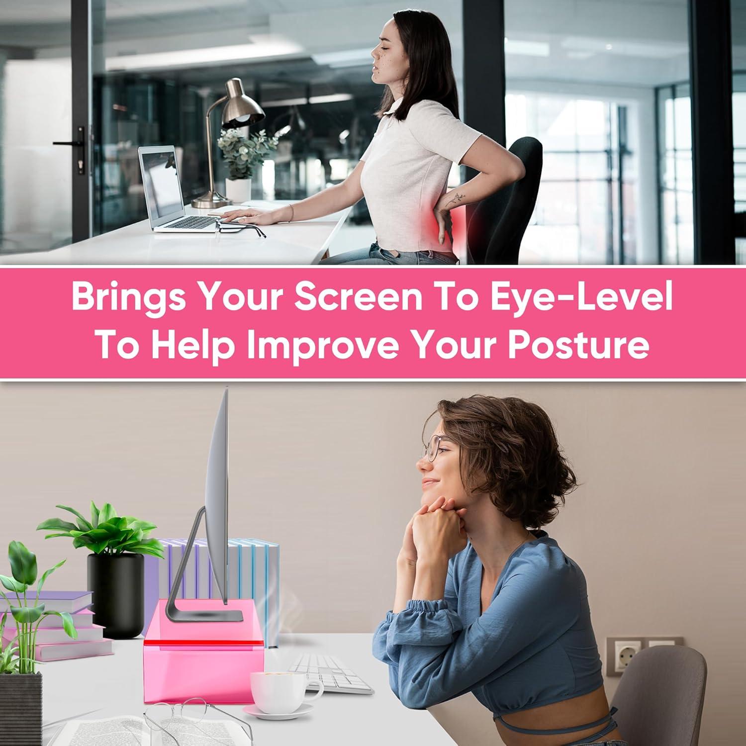 NovaMode Acrylic Monitor Stand - Ergonomic Desk Riser for Better Posture, Stylish & Modern Desktop Organizer, Computer Desk Stand for Monitors & Laptop - Bright Pink