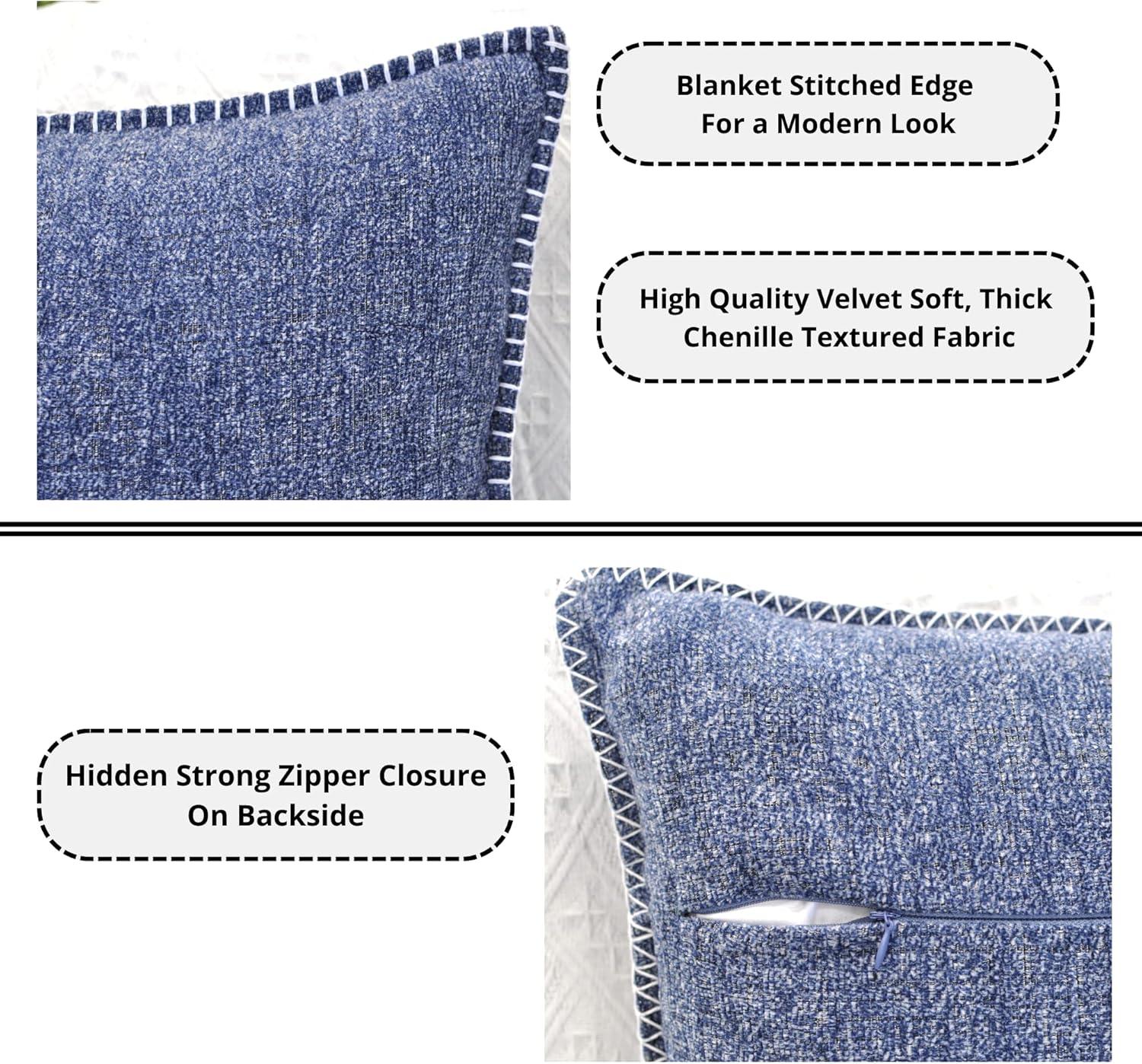 Soft Chenille Throw Pillow Covers With Stitched Edge (Set of 2)