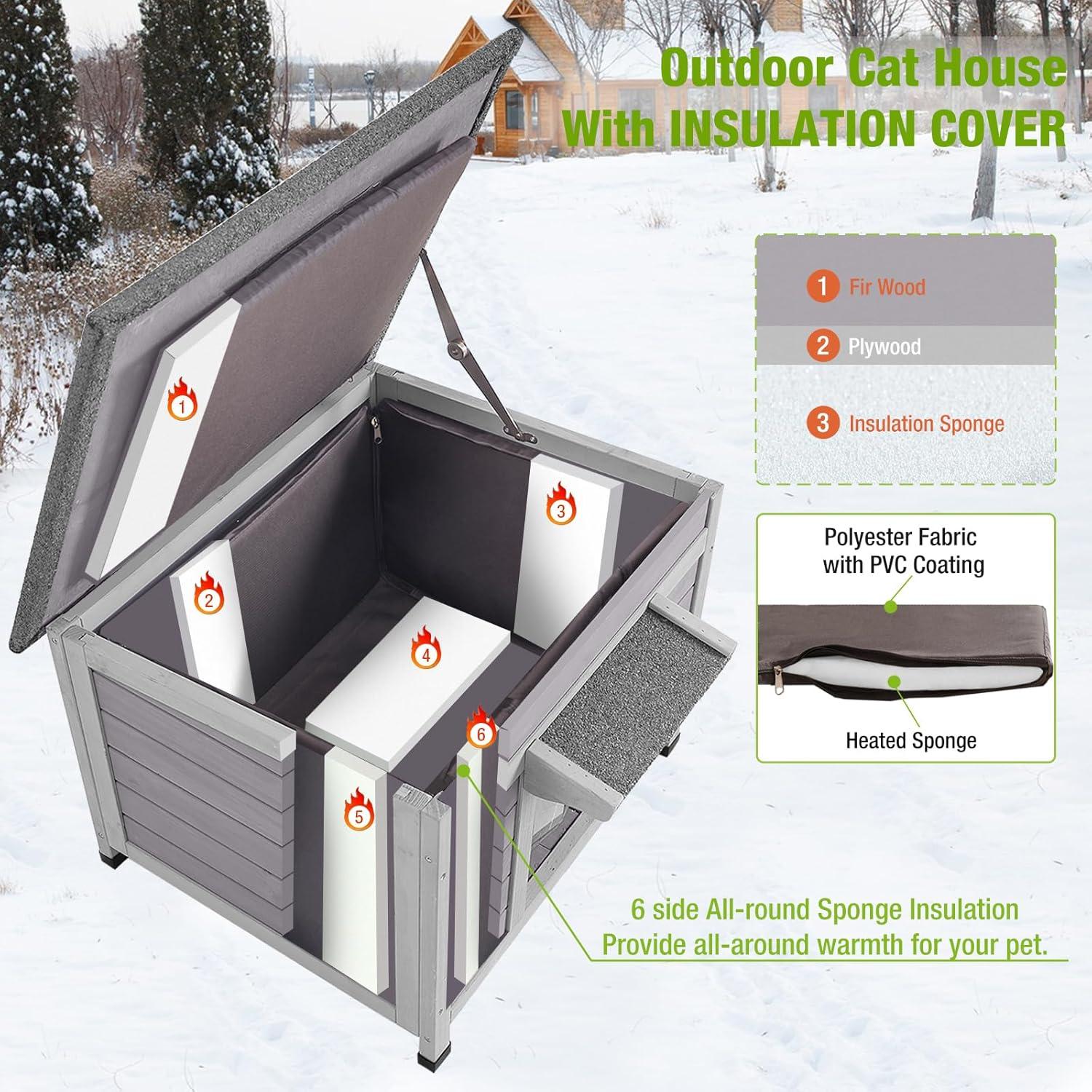 Insulated Gray Wooden Outdoor Cat House with Thermal Liner