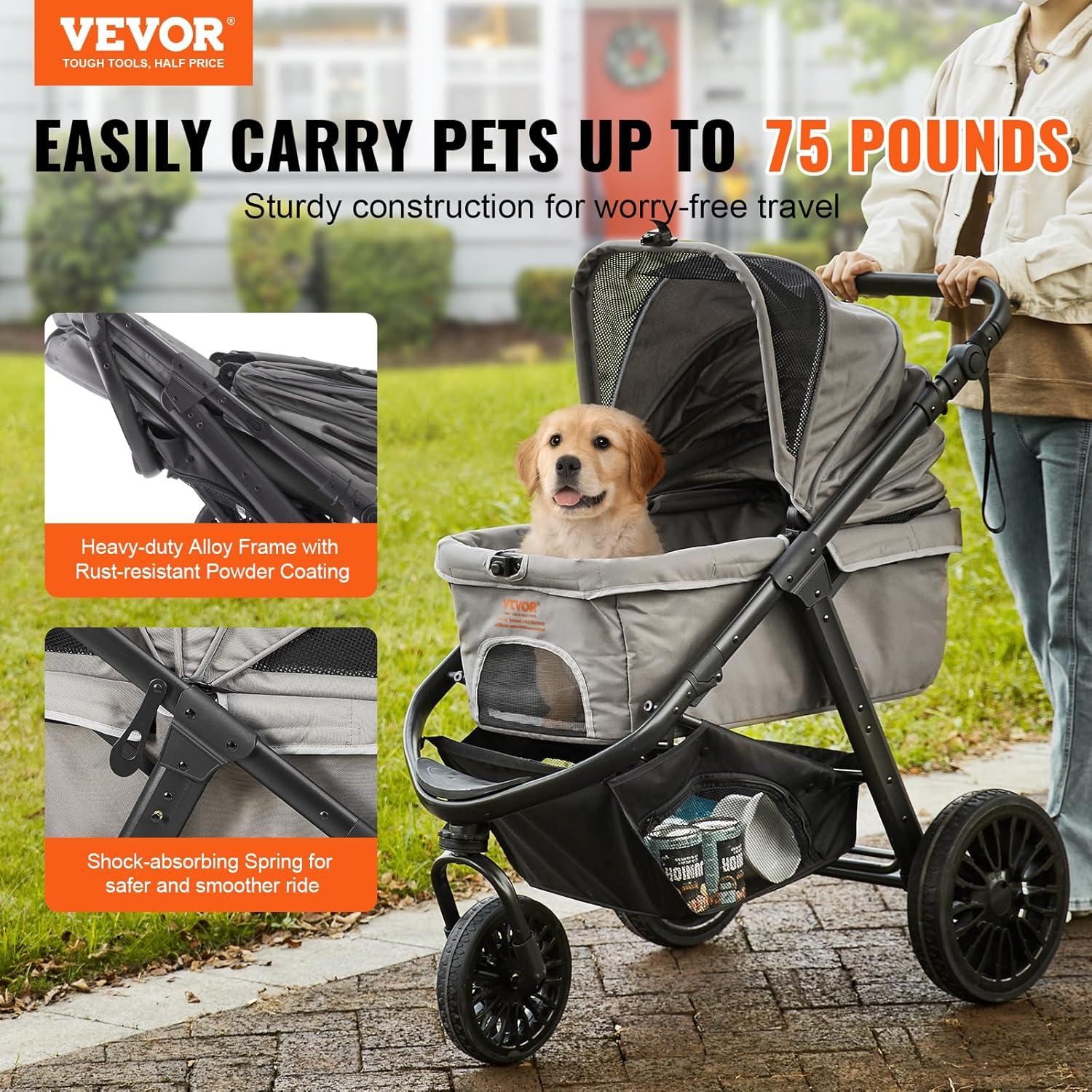 Gray Large Pet Stroller with Adjustable Handle and Storage