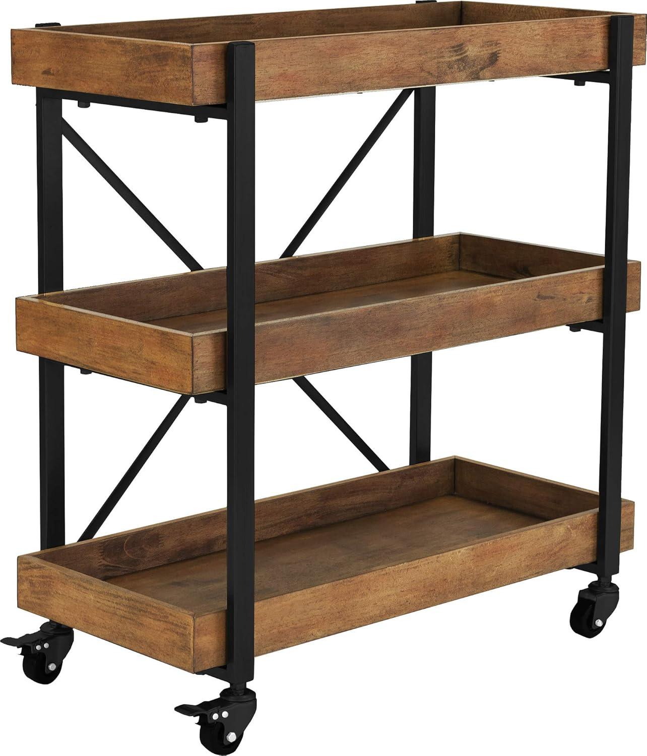 Adore Decor Riley 3-Tier Bar Cart, Wooden Shelves with Metallic Accents