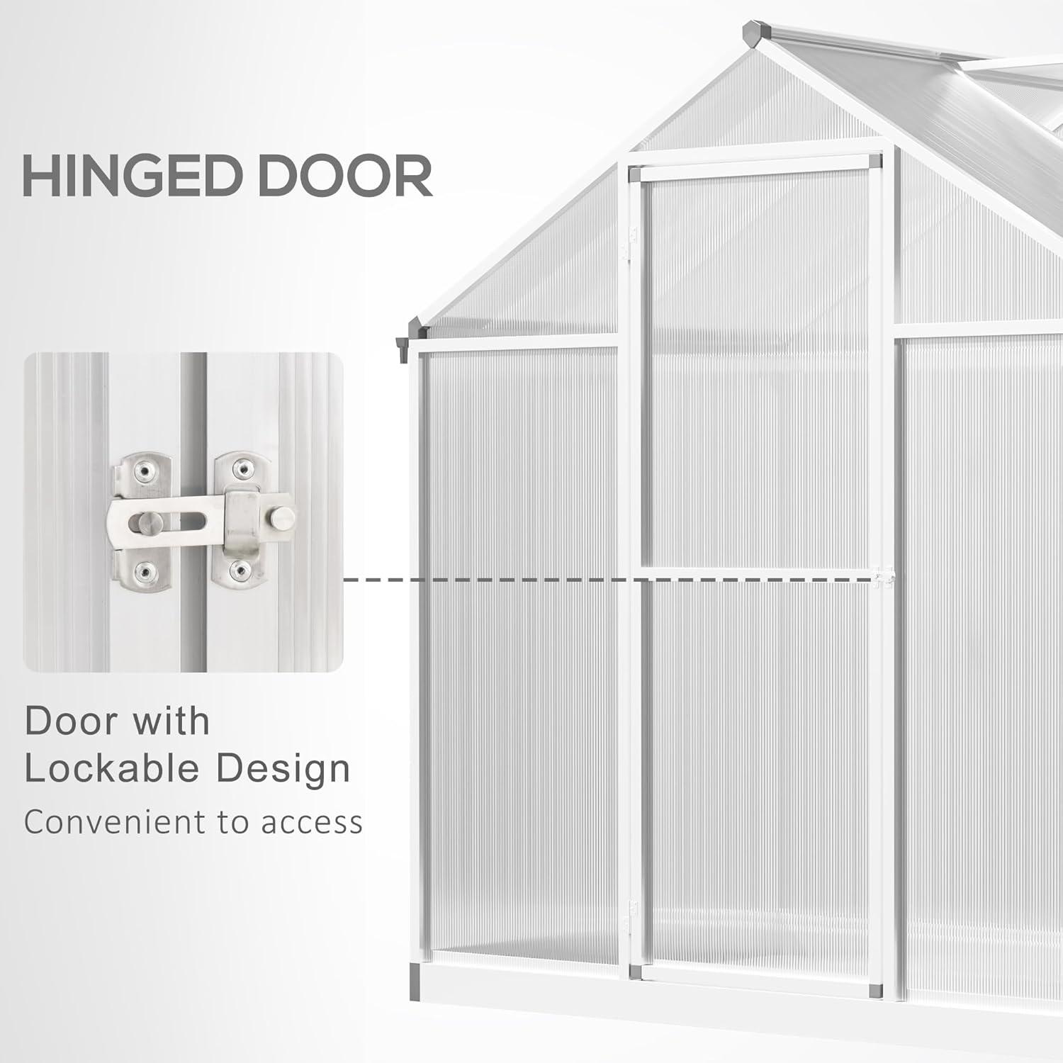 Outsunny Walk-In Polycarbonate Greenhouse with Roof Vent for Ventilation & Rain Gutter, Hobby Greenhouse for Winter