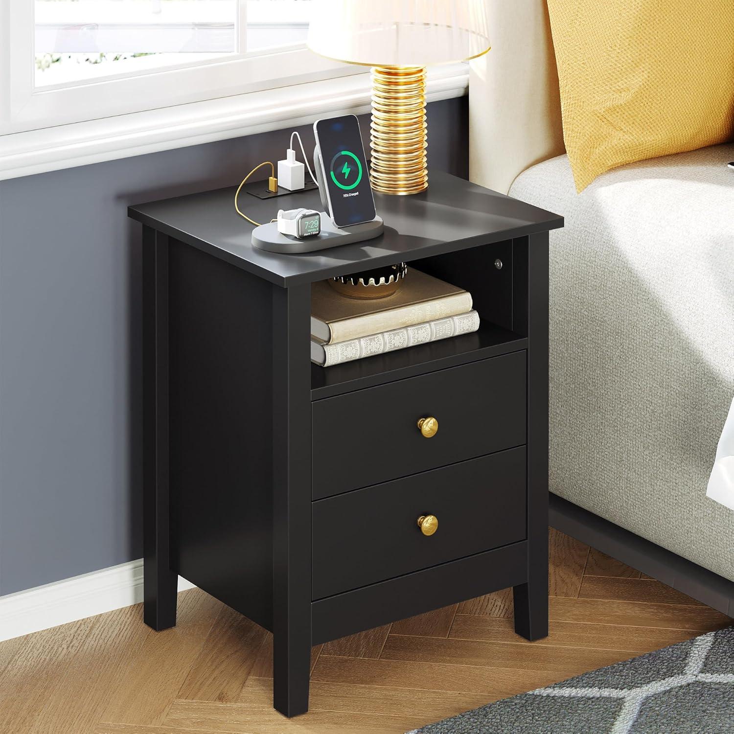 Nightstand with Charging Station, Bedside Table with USB & Type-C Port, Modern End Table with 2 Drawers for Bedroom Furniture, Black