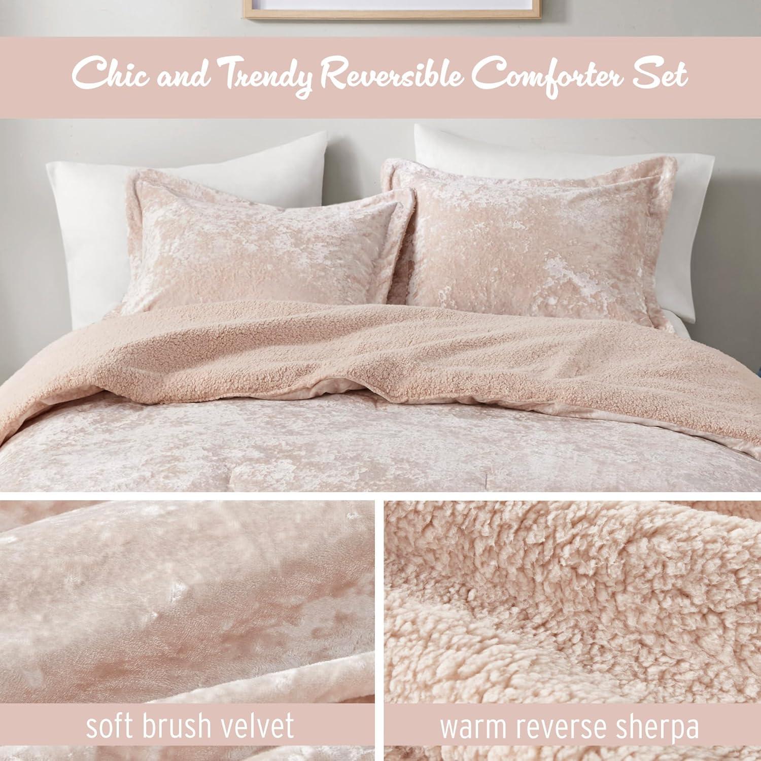 Intelligent Design Queen Comforter Set, Reversible Velvet Comforter Set, Soft & Warm Sherpa Reverse, Winter Fluffy Comforter Bed Set with 2 Shams, Mira, Full/Queen Blush 3 Piece
