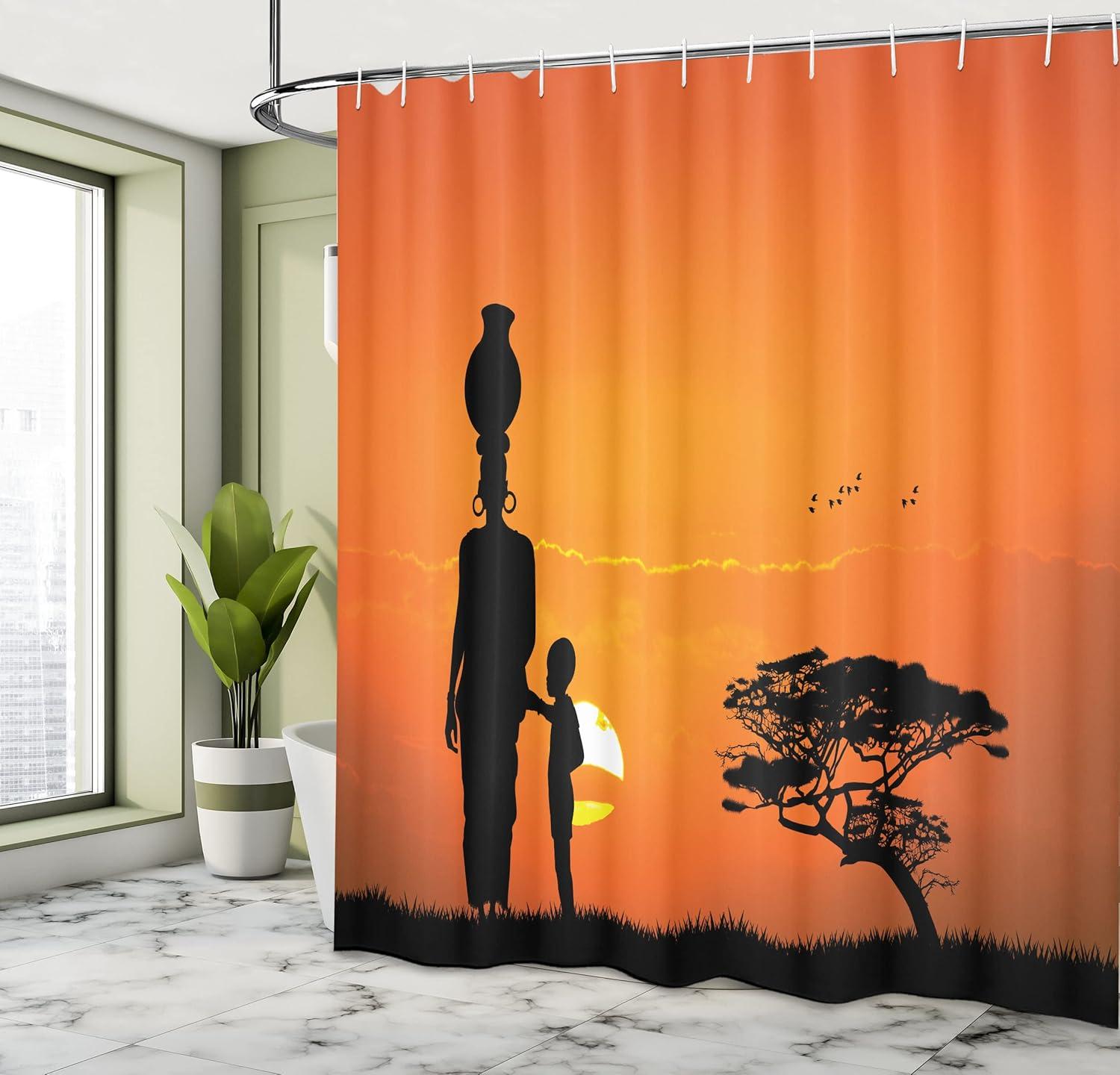 African Sunset Fabric Shower Curtain with Hooks, 69" W x 75" L