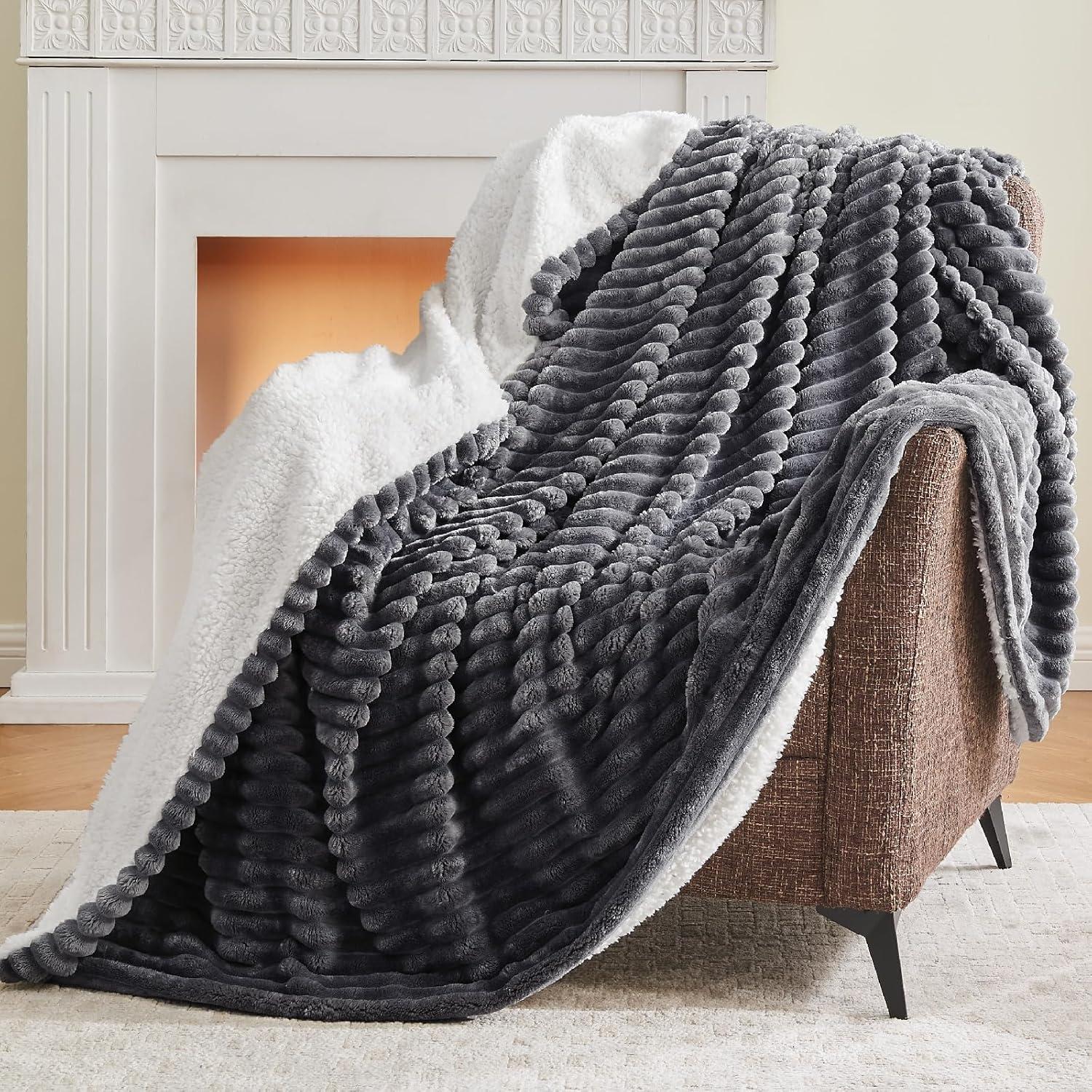 INFIIXSO Sherpa Throw Blanket for Couch - Super Soft & Warm Striped Fleece Blanket, Cozy Plush Fluffy Blanket All Season Use (Grey, 50x60 Inches)