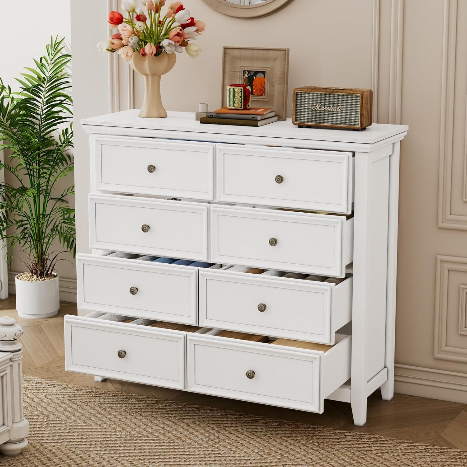 White 8-Drawer Tall Dresser with Brass Knobs