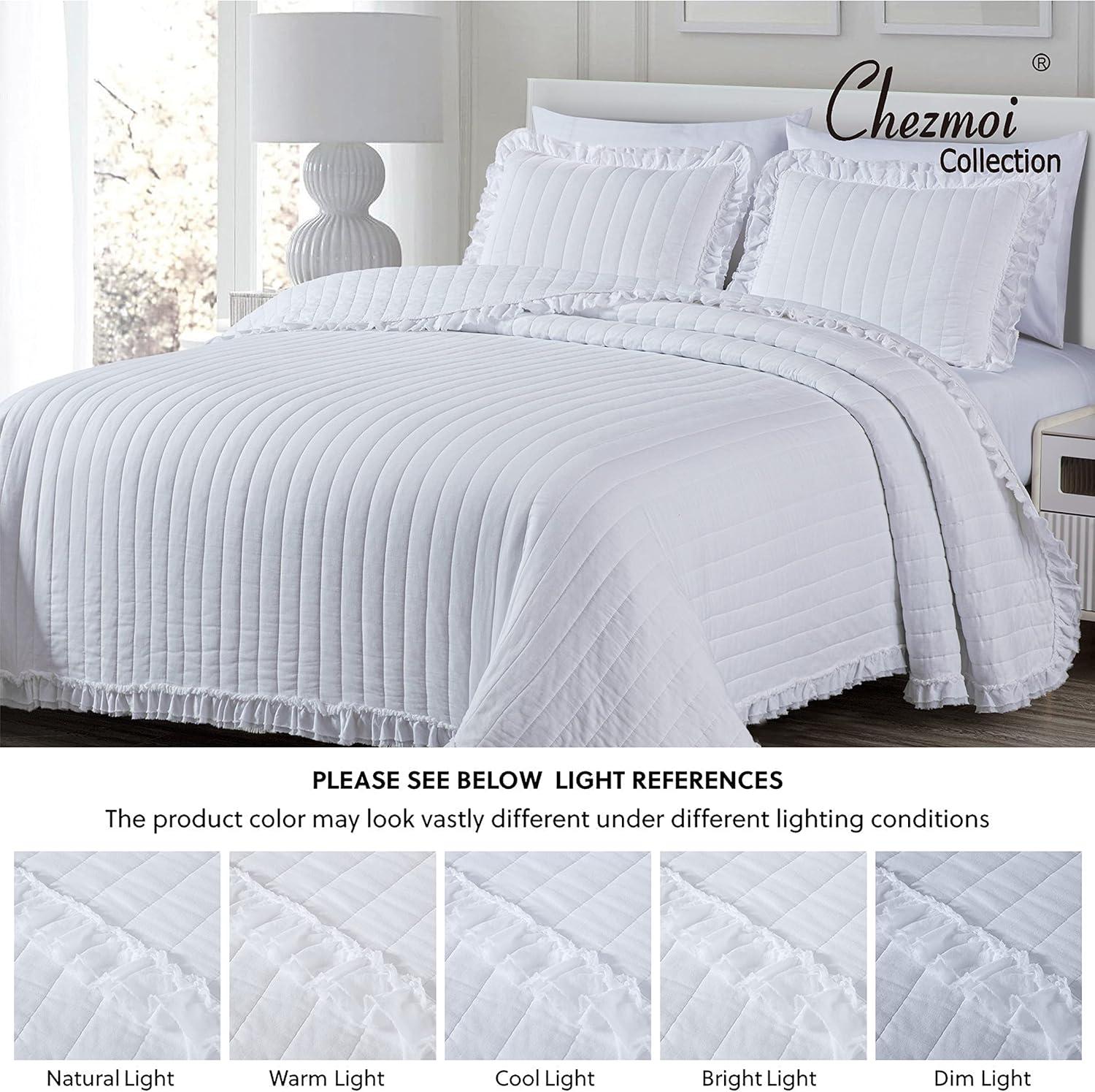 Chezmoi Collection Bonnie 3-Piece 100% Cotton Quilt Set Queen Size, White - Double Frayed Ruffled Edge Lightweight Pre-Washed Soft-Finished Cotton Bedspread for All Season