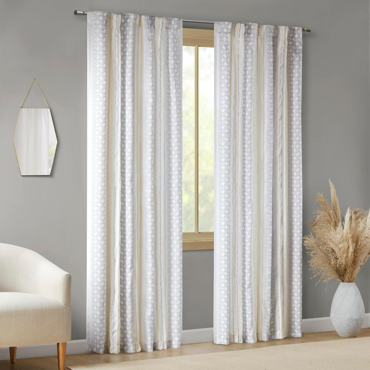 Ebby White and Taupe Geometric Velvet Polyester Window Panels