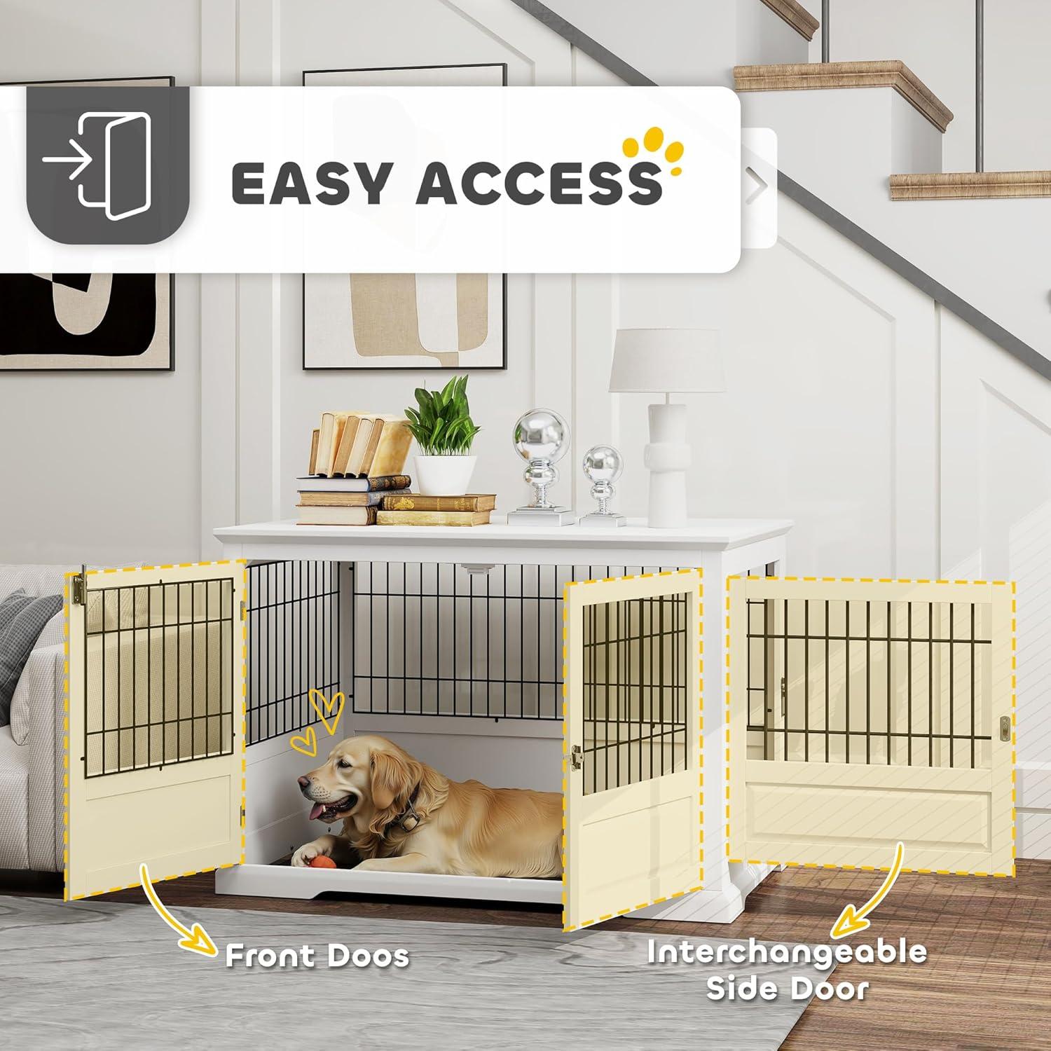PawHut Dog Crate Furniture, 43" Dog Kennel End Table with 3 Doors, Removable Tray, for Extra Large Medium Small Dogs, Indoor Use, White