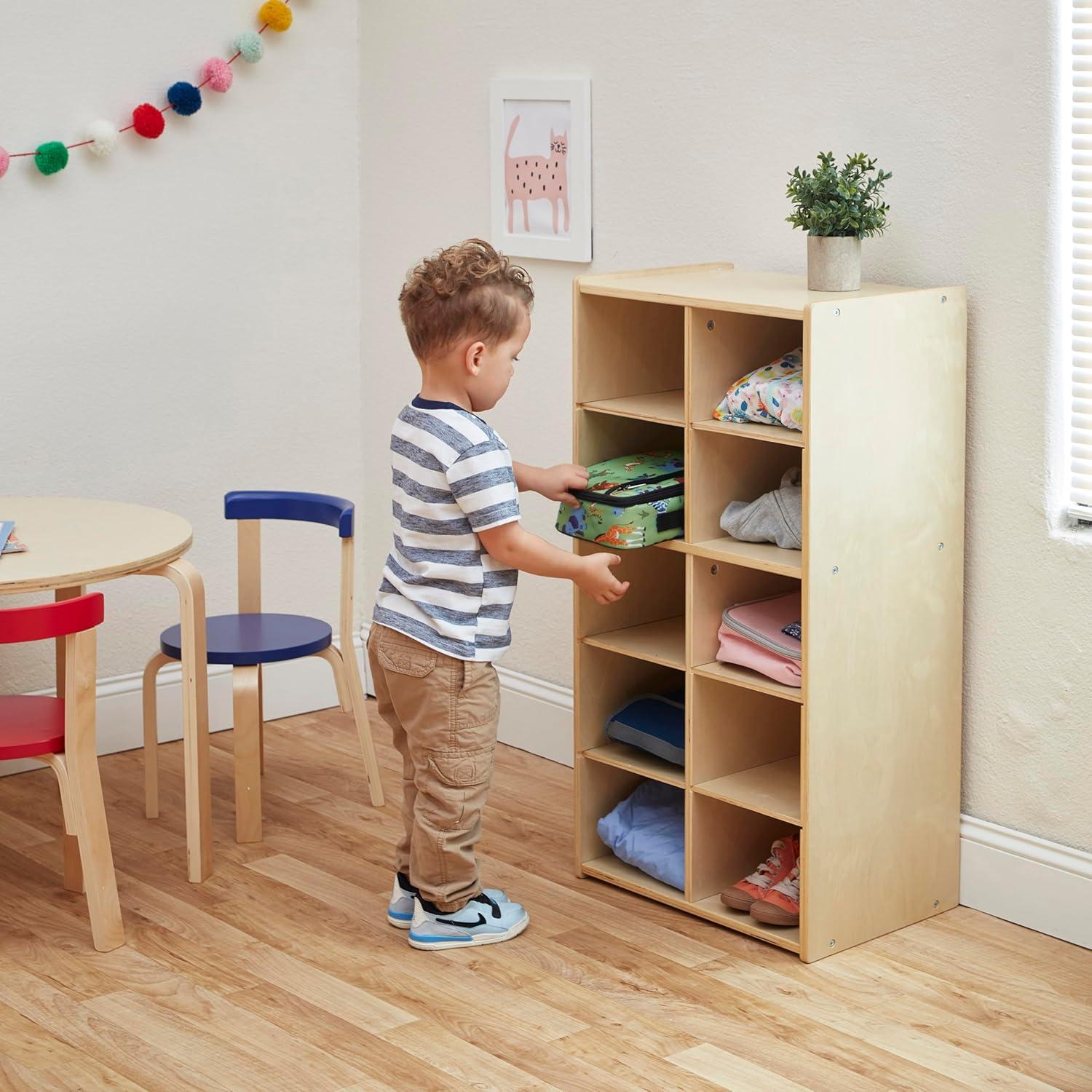 Natural Birch 10-Cubby Tray Storage Cabinet for Kids