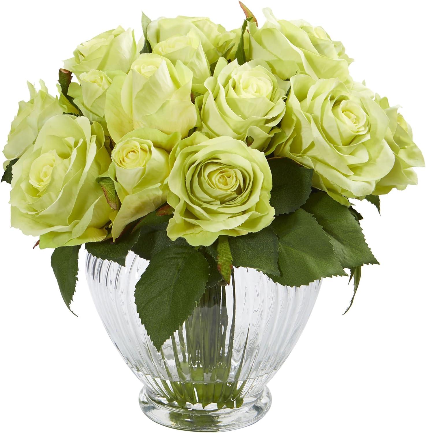 Romantic Rose 18" Faux Floral Arrangement in Pleated Glass Vase