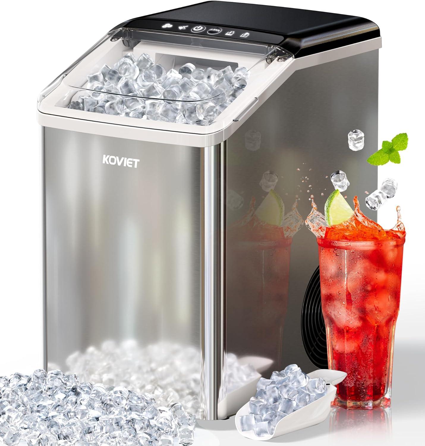 Nugget Ice Maker Countertop, 40lbs/24H Tooth-Friendly Soft Chewable Pebble Ice Machine, Self-Cleaning with Drainpipe, Crushed Pellet Ice Makers for Home Kitchen Party, Stainless Steel