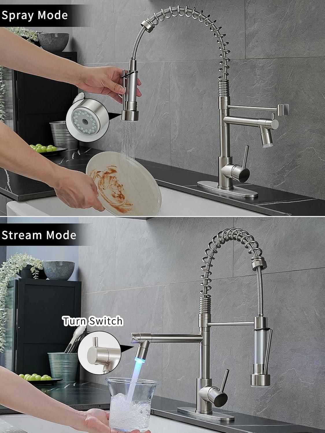 Brushed Nickel Pull-Out Spray Kitchen Faucet with LED Light