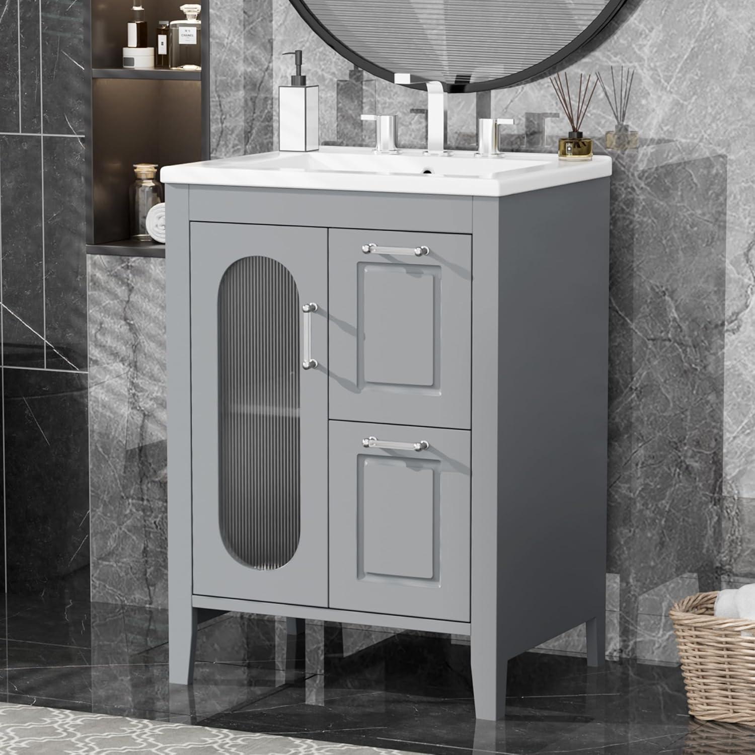 Gray 24" Freestanding Bathroom Vanity with Ceramic Sink