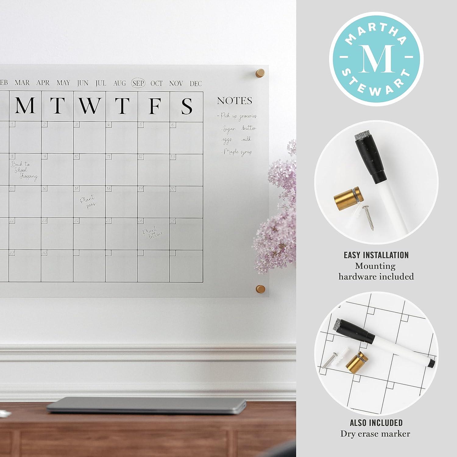 Martha Stewart Grayson Acrylic Wall Calendar with Notes with Dry Erase Marker and Mounting Hardware, 24" x 18", w/Black Print