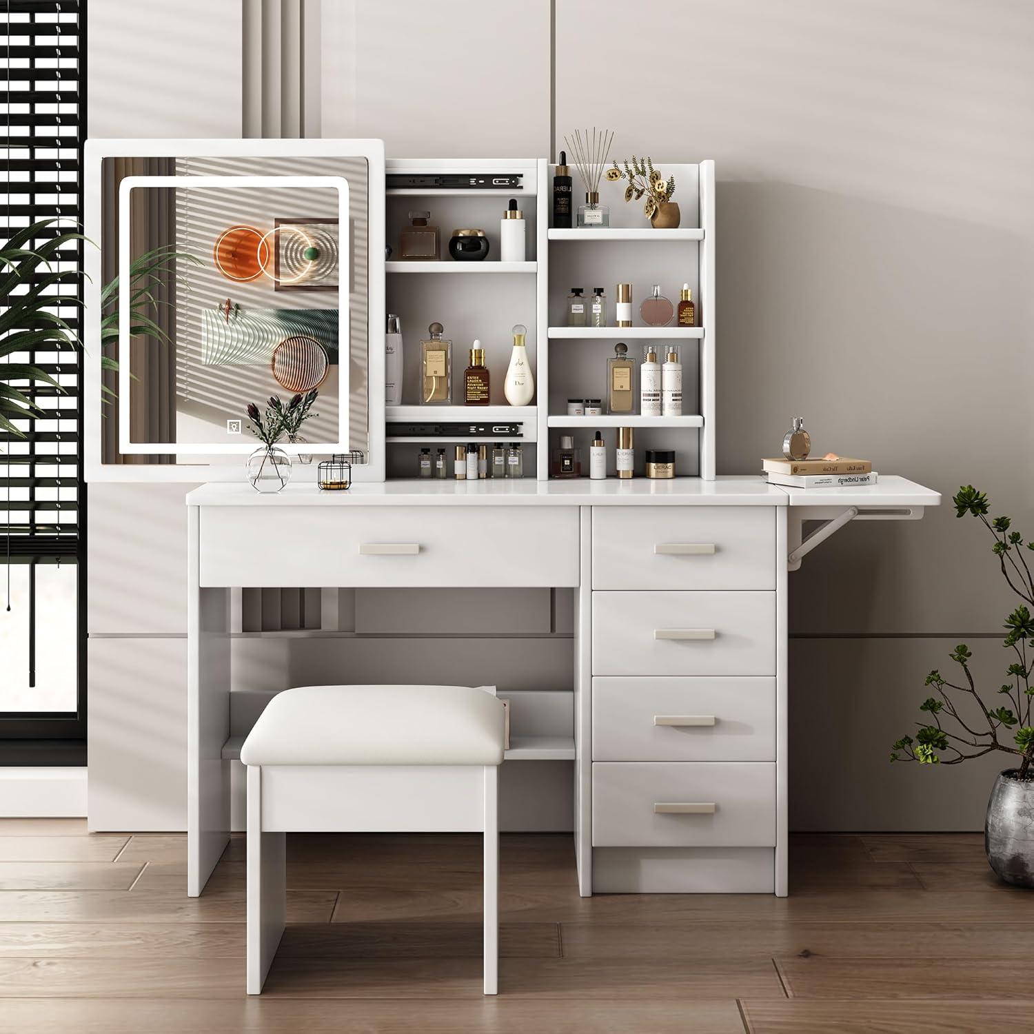 Vanity Desk with Mirror and Lights, White Makeup Vanity Chair Set with Fold-up Panel, Dressing Table with 5 Drawers and Shelves, 3 Lighting Modes, Brightness Adjustable