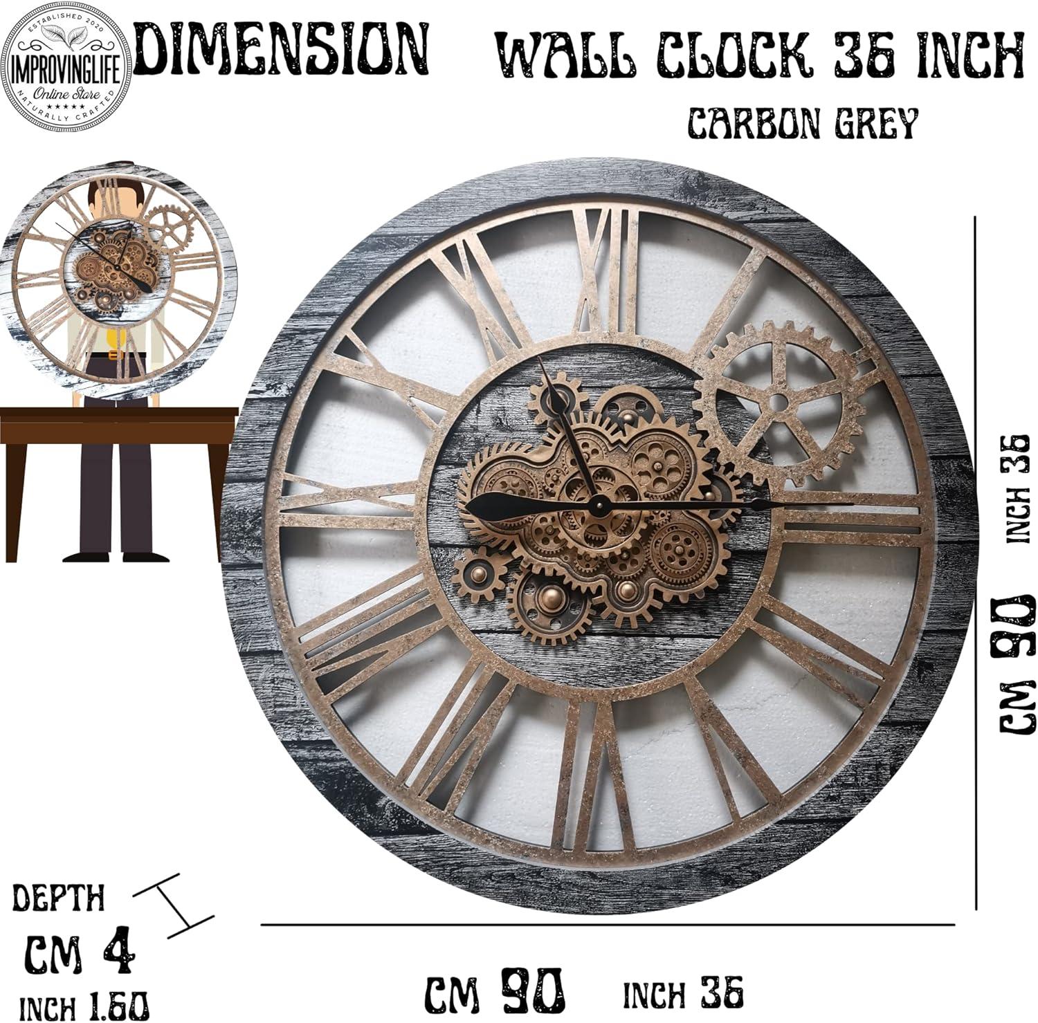 The Gears Clock Wall Clock 36" Round Oversized for Living Room decor with Real Moving Gears America Collection