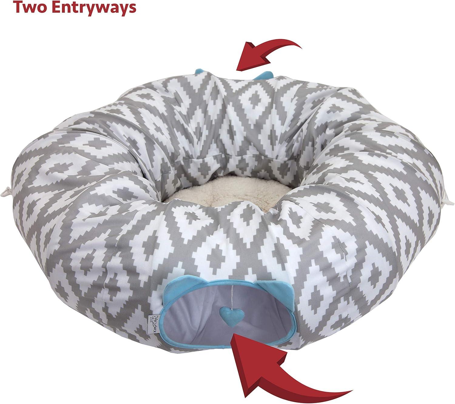 Large Gray and White Polyester Round Cat Tunnel Bed