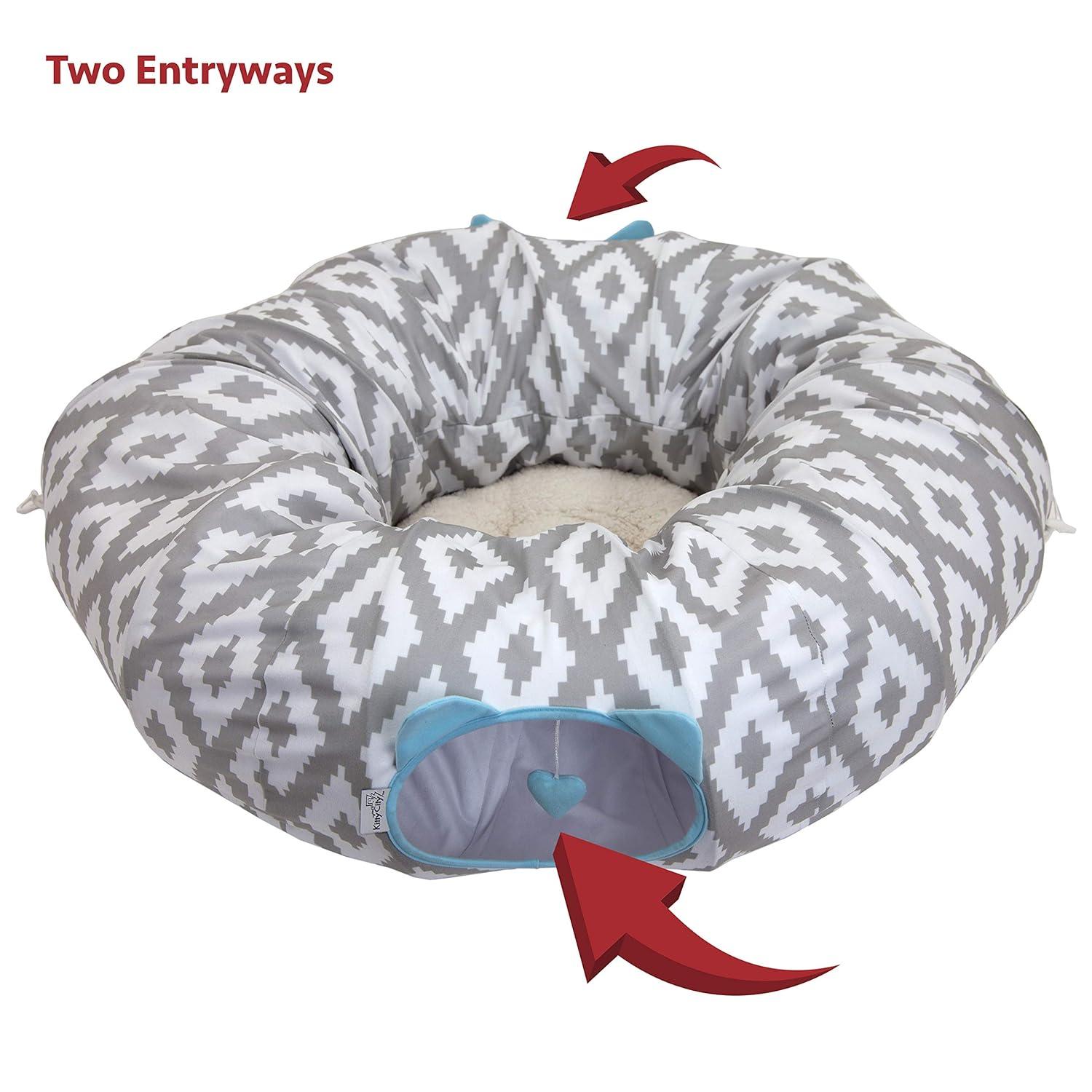 Large Gray and White Polyester Round Cat Tunnel Bed