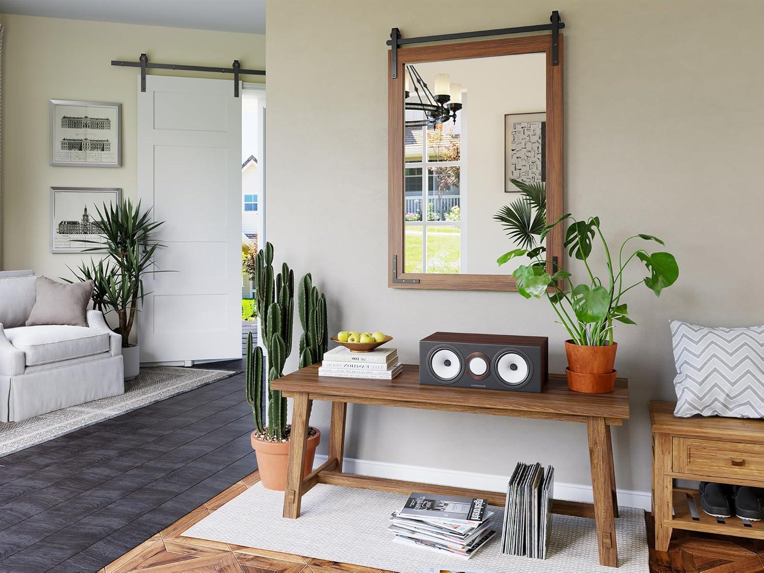 Brown Solid Wood Rectangular Farmhouse Mirror with Metal Accents