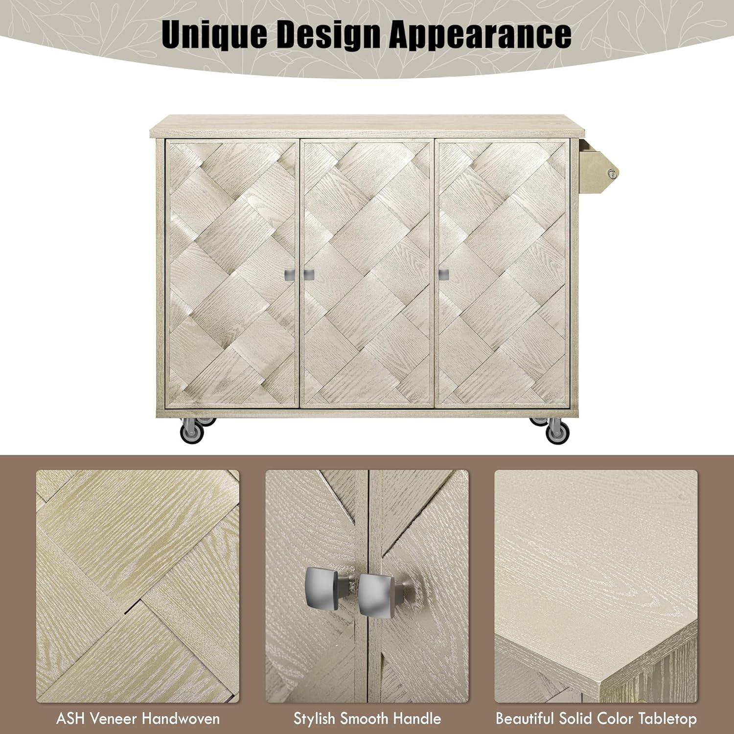 51.2" Ash Veneer Solid Wood Handwoven Kitchen Island with Drop Leaf,Coastal Dining Island on Wheels W/Internal Storage Rack,Rolling Dining Cart,Easy Assembly,for Kitchen,Dining Room,Champagne