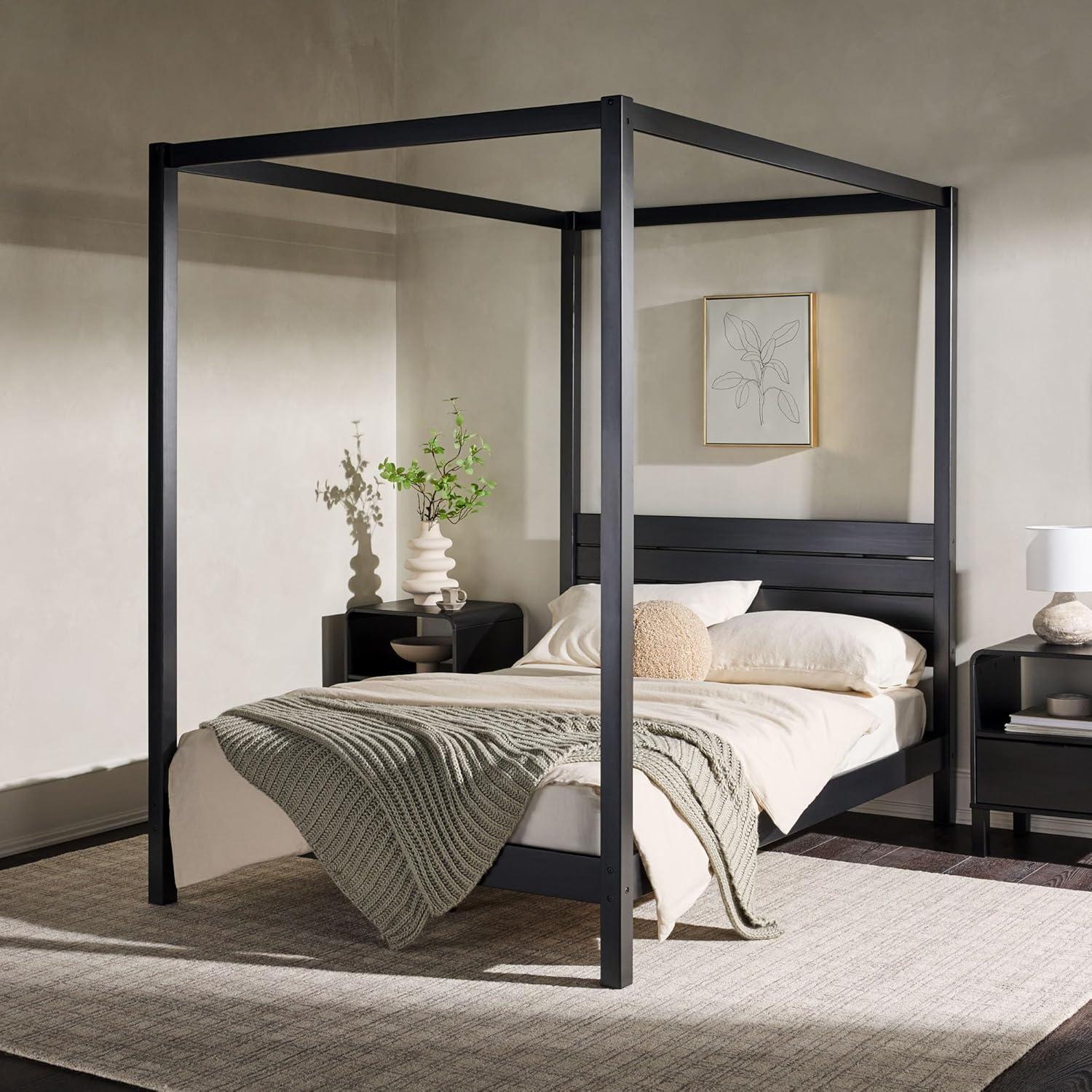 Walker Edison Minimalist Solid Wood Canopy Full Bed, Black
