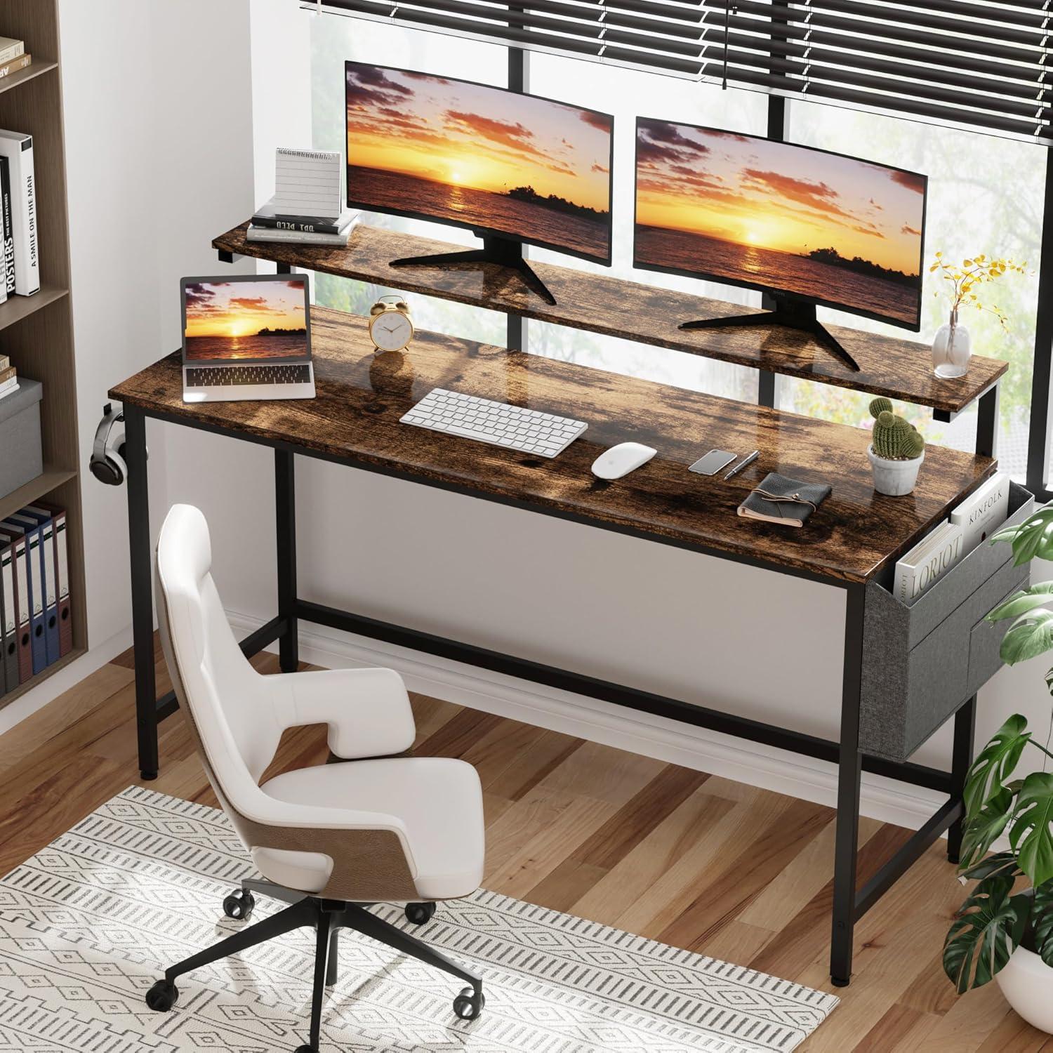 Vintage Brown 55" Wood Computer Desk with Monitor Stand