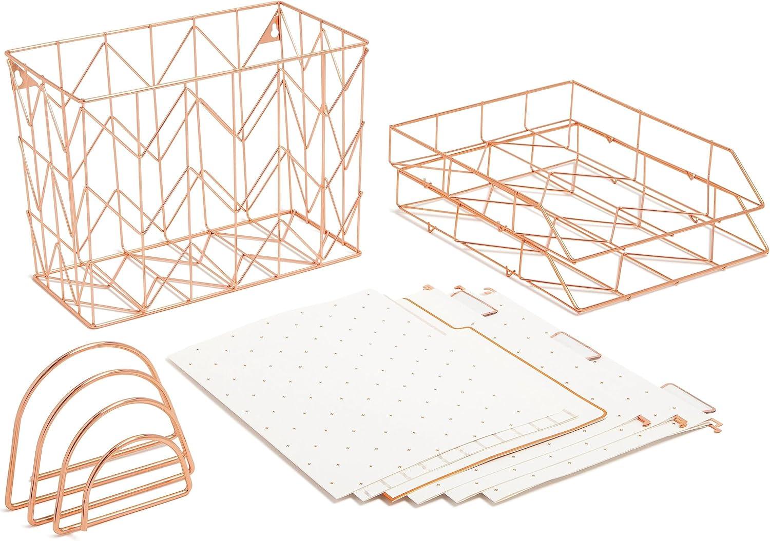 U Brands Letter-Size Desktop Fashion Filing Set, Rose Gold, (1) Rack, (3) Hanging Folders, (3) File Folders, (2) Trays,(1) Mail Sorter