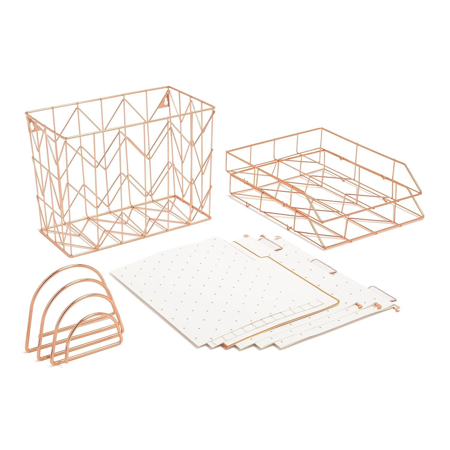U Brands Letter-Size Desktop Fashion Filing Set, Rose Gold, (1) Rack, (3) Hanging Folders, (3) File Folders, (2) Trays,(1) Mail Sorter