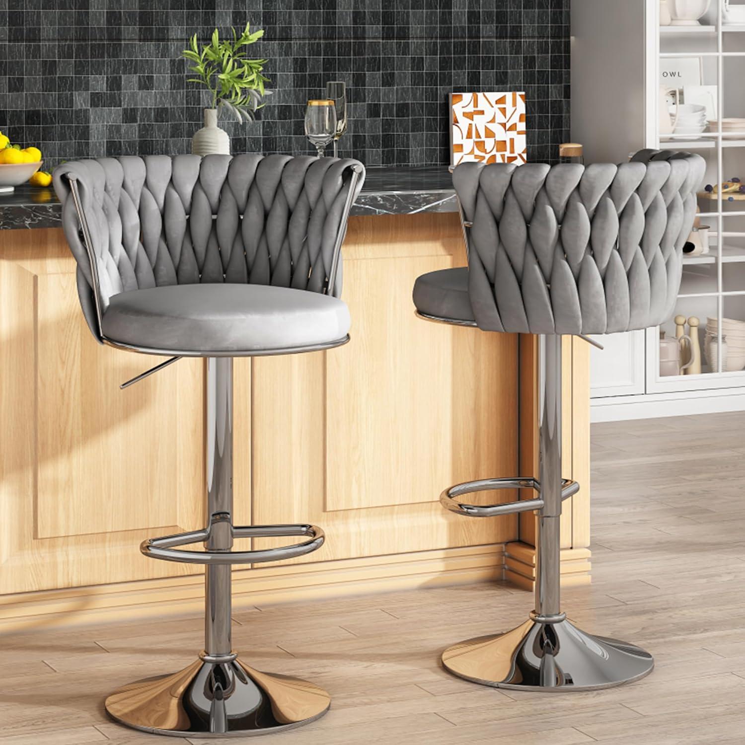 Lamerge Grey Bar Stool Set of 2, Velvet Swivel Bar Chairs Counter Height Barstools with Back & Footrest, Adjustable Counter Stools Island Chairs for Kitchen, Bar, Dining Room